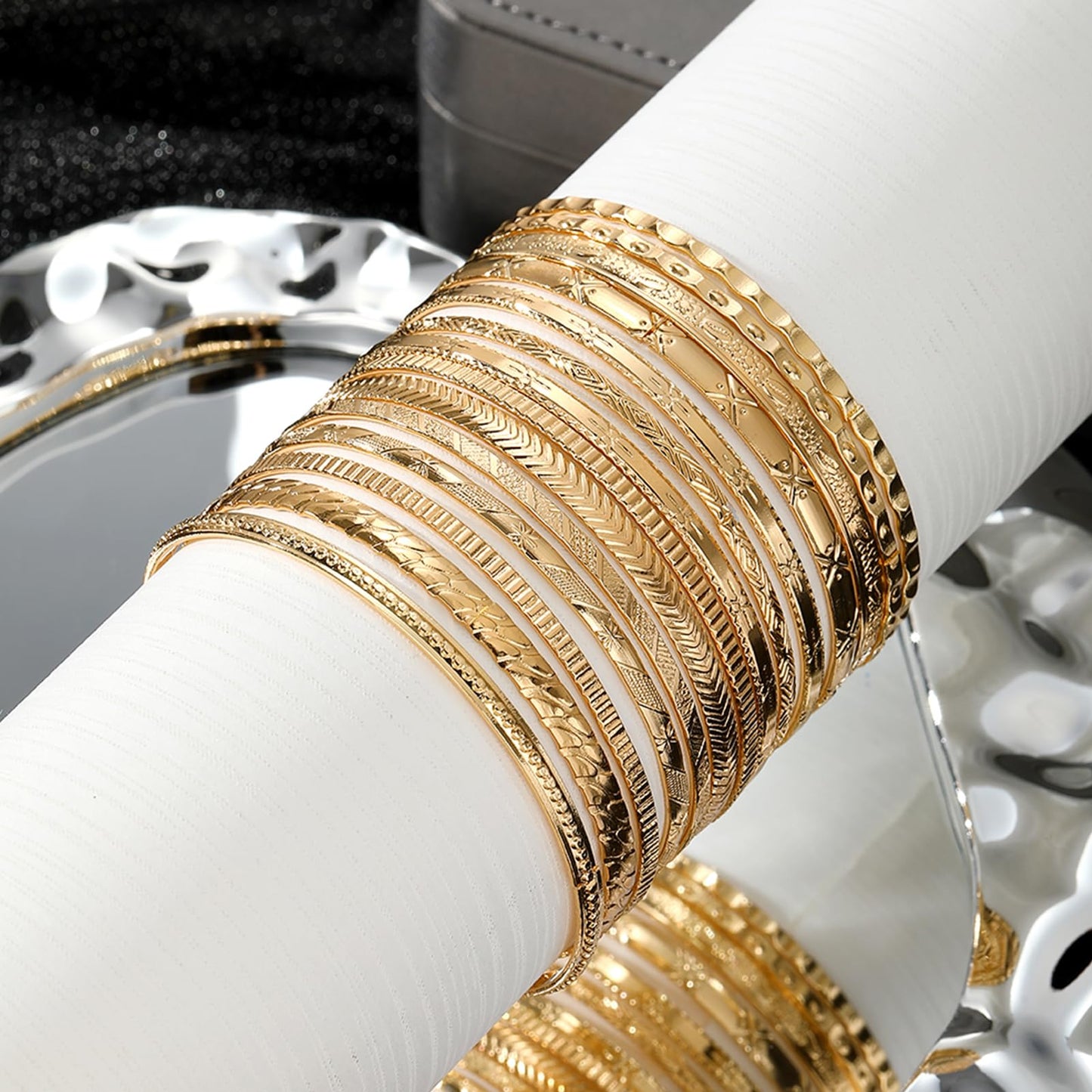 17IF Gold Bangle Bracelet For Women, 14k Multilayer Charm Textured Stackable Bracelets Boho Indian Chunky Cuff Fashion Jewelry Gift