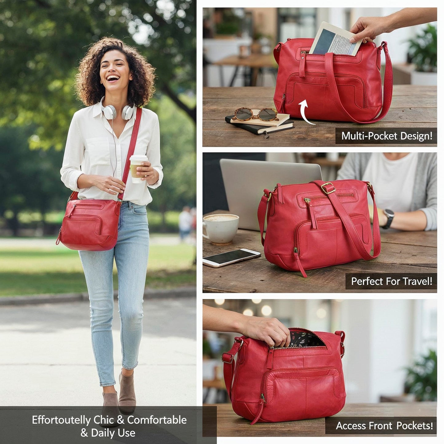 Oak Leathers Women's Crossbody Bag - Genuine Leather Crossover Shoulder Purse With Adjustable Sling Strap - Medium Size