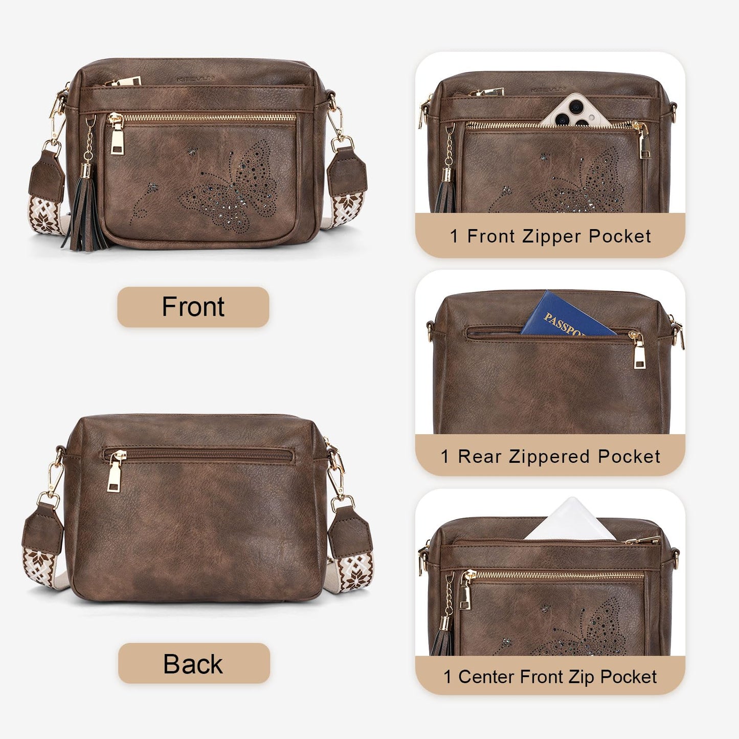 KITEVIUN Crossbody Bags for Women Trendy Leather Crossbody Purse Shoulder Handbags Butterfly Design