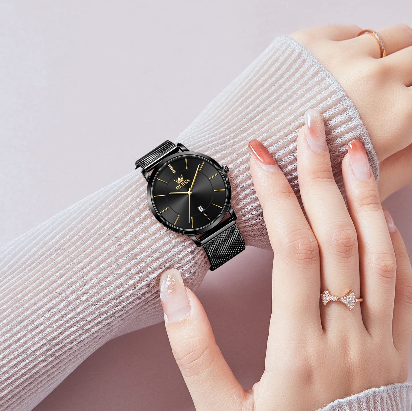 OLEVS Women's Mesh Bracelet Watch, Elegant Large Face Three Hand Analog Quartz Womens Wristwatch, Pretty Slim Date Display Waterproof Ladies Watches for Small Wrists