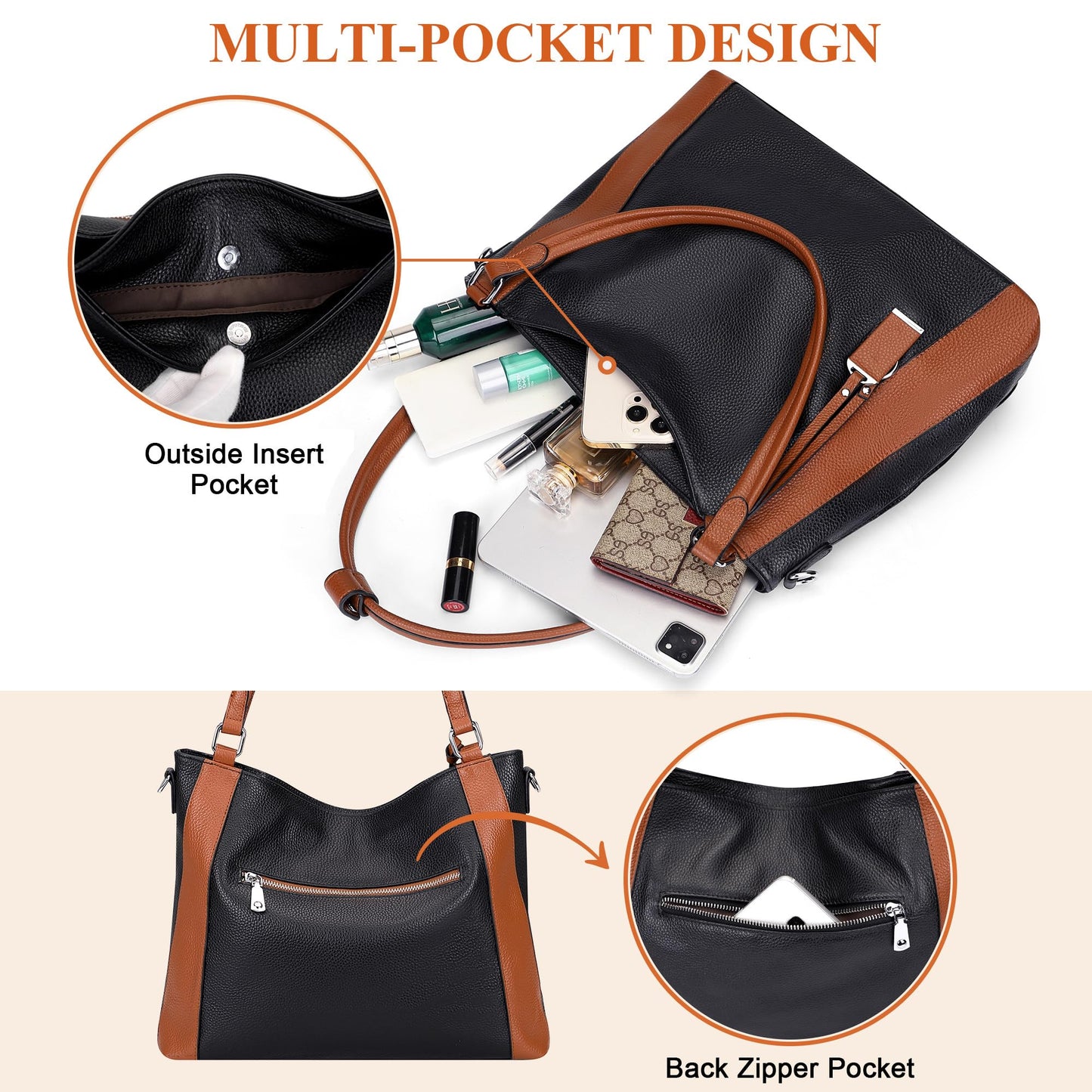 Over Earth Genuine Leather Purses for Women Large Hobo Bags Lady Shoulder Handbags with Detachable Strap