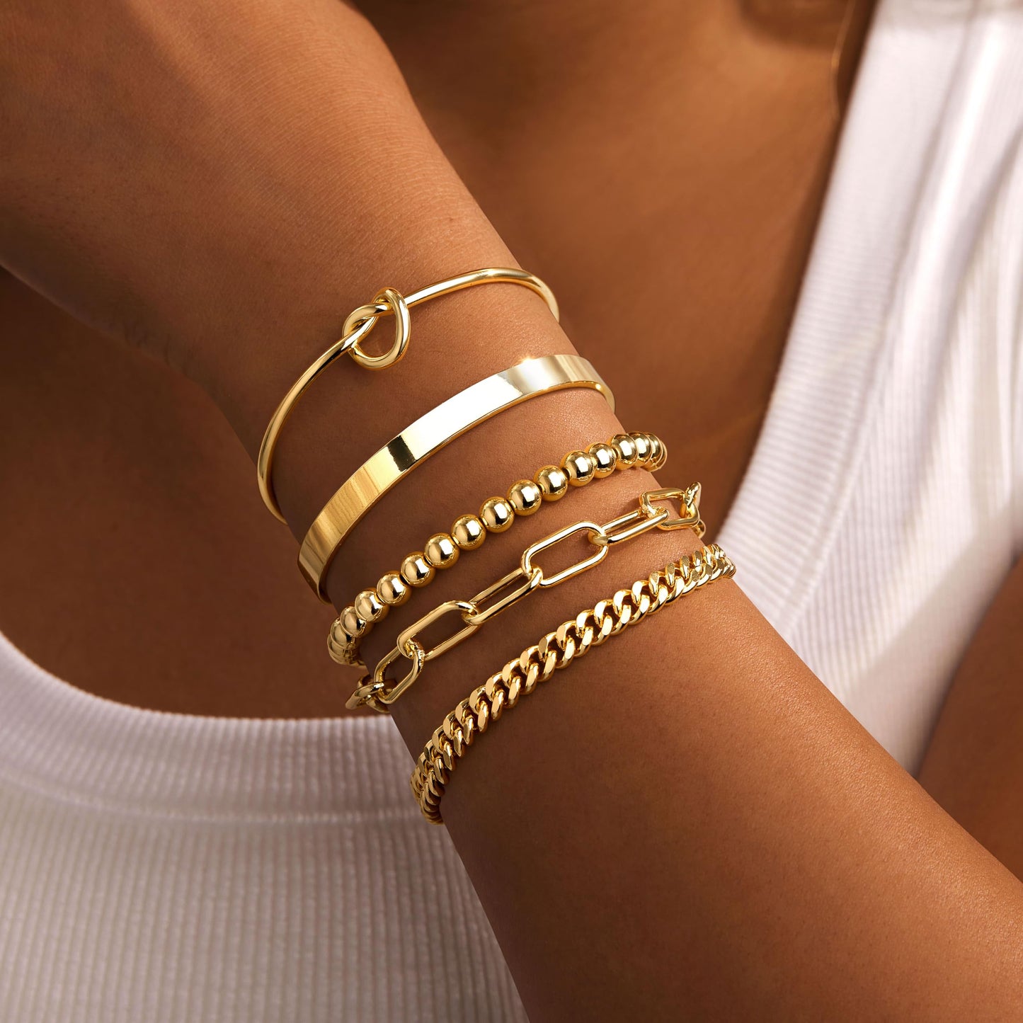 Gokeey Gold Bracelets Set for Women Non Tarnish, Waterproof 14K Gold Plated Sterling Silver Chunky Cuff Bracelet Stackable Gold Bangles Bracelet for Women Trendy Fashion Accessories Tie Knot Cuban Rope Paperclip Beaded Bracelet Stack Jewelry Mothers Day G