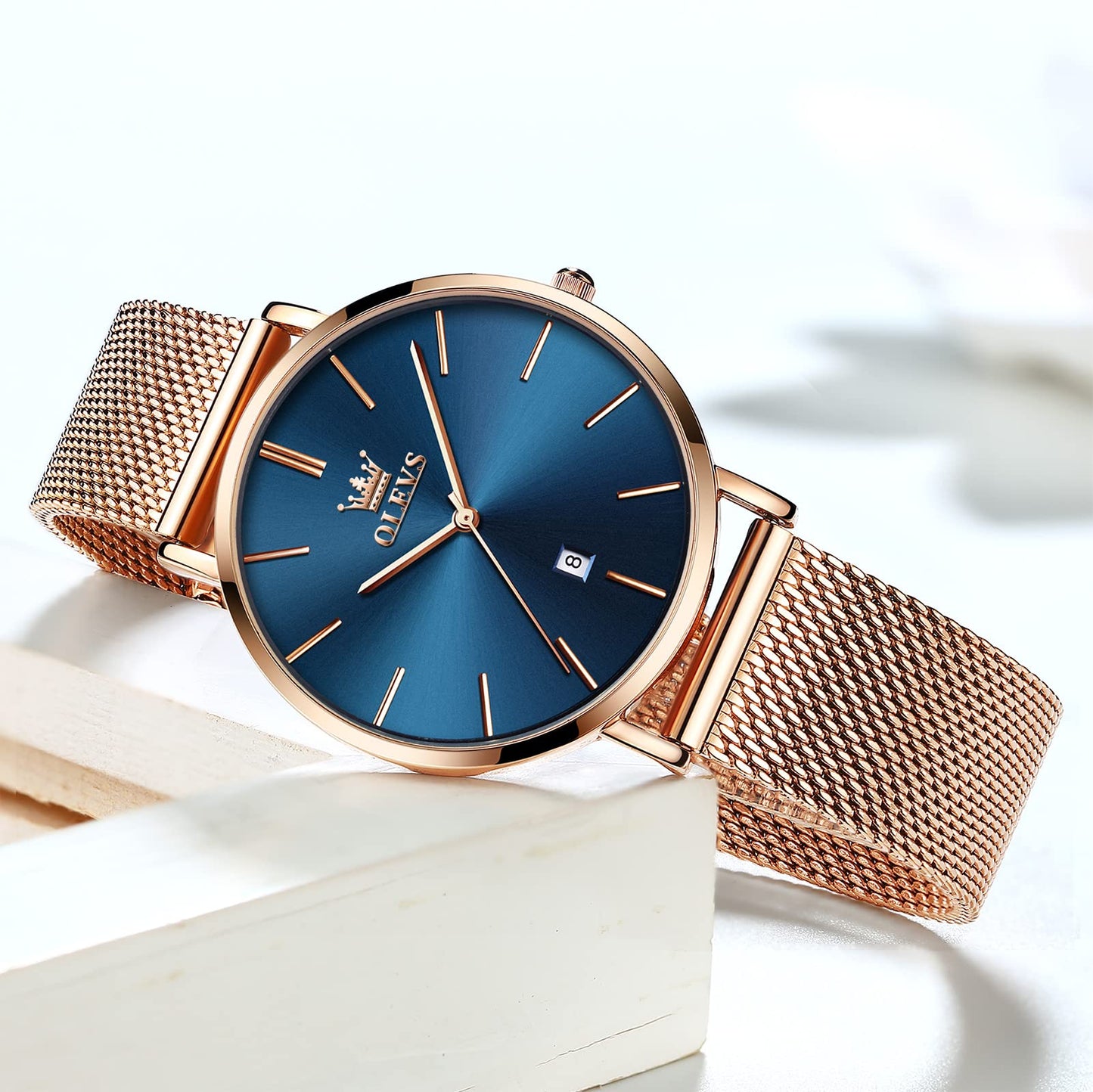 OLEVS Women's Mesh Bracelet Watch, Elegant Large Face Three Hand Analog Quartz Womens Wristwatch, Pretty Slim Date Display Waterproof Ladies Watches for Small Wrists