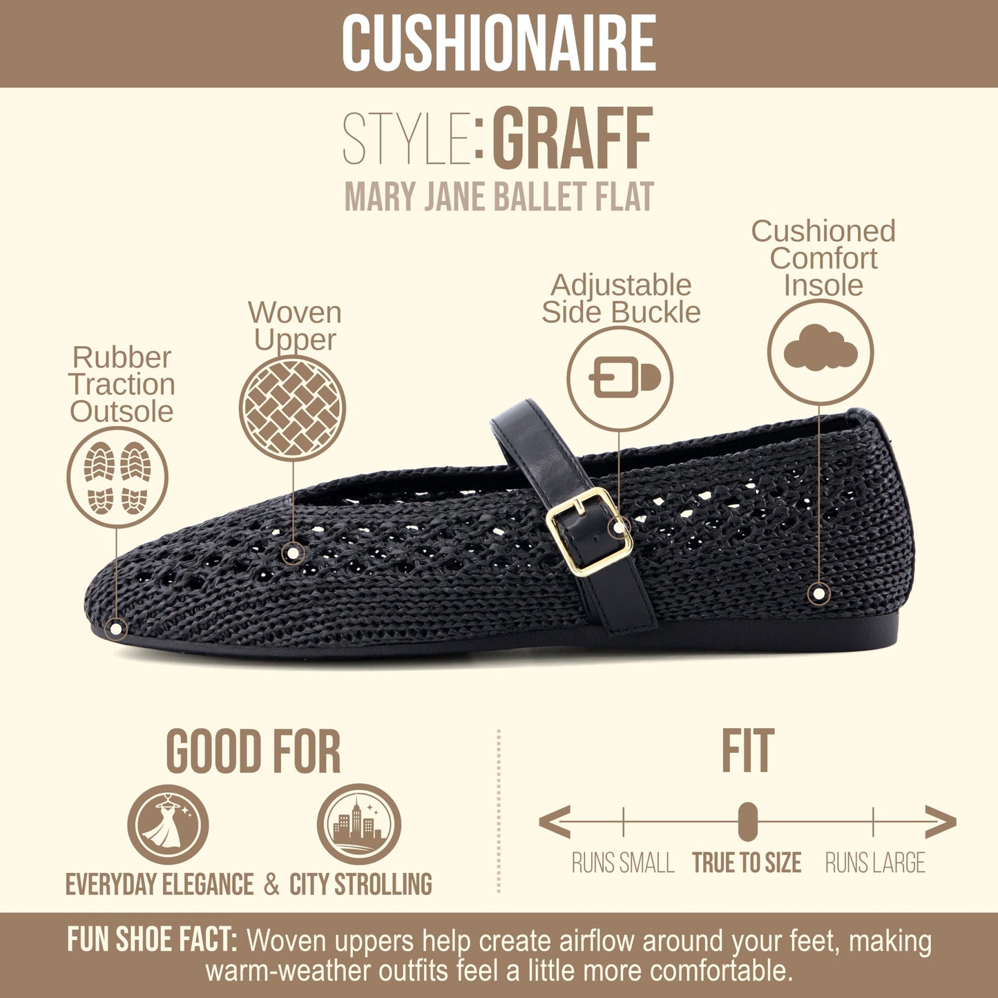 CUSHIONAIRE Graff Mary Jane Shoes for Women, Woven Ballet Flats with Adjustable Buckle Strap, Lightweight Slip On Shoes
