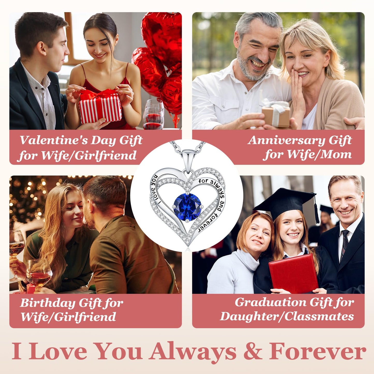 CDE Forever Love Heart Necklaces for Women, Wedding Anniversary, Valentine's，Birthday Mothers Christmas Day Gifts for Mom, Mother, Wife, S925 Silver Jewelry with Birthstone Pendant