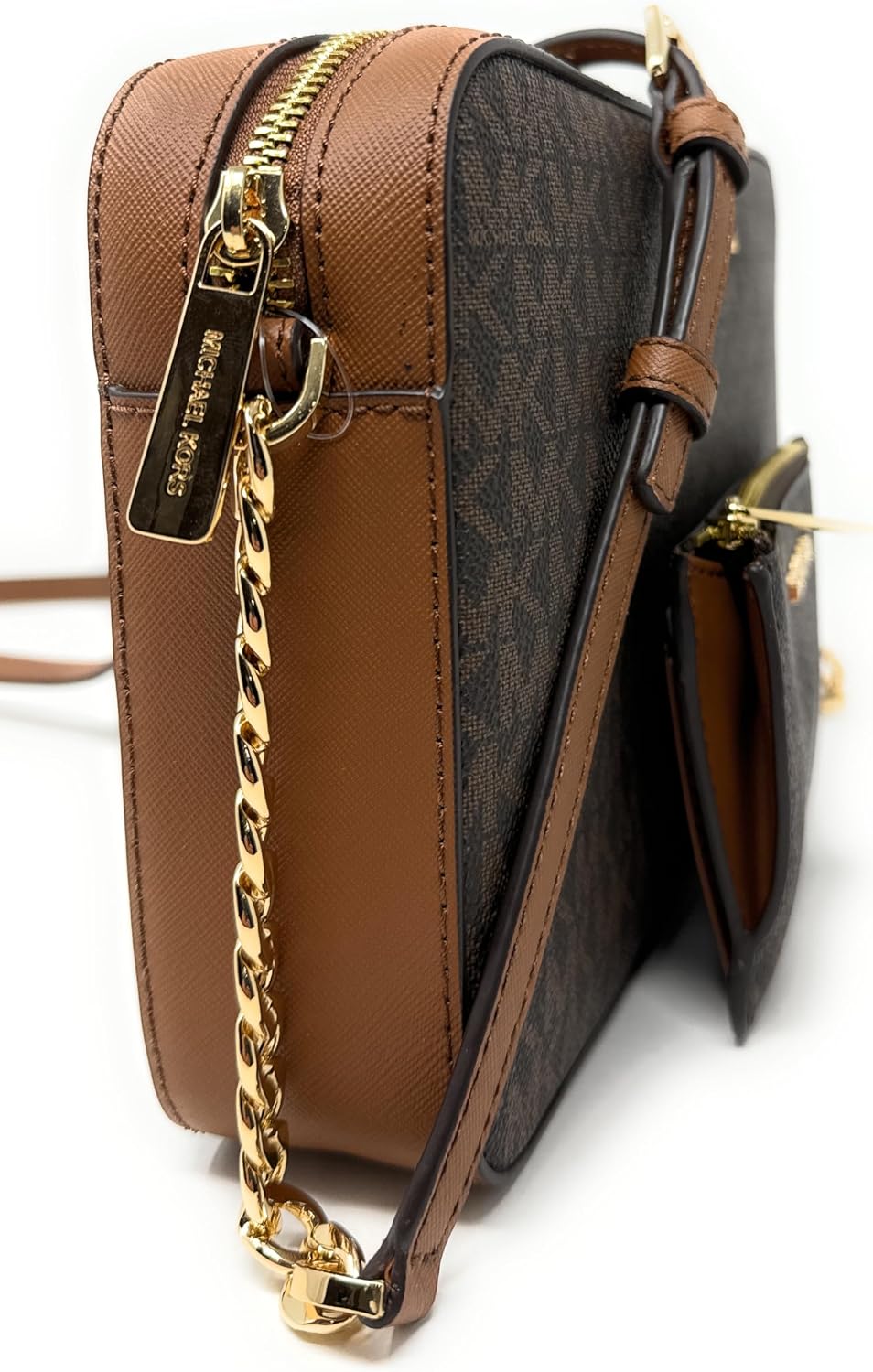 Michael Kors Jet Set Large Printed Logo Crossbody Bag With Matching Logo Coin Pouch (Brown)