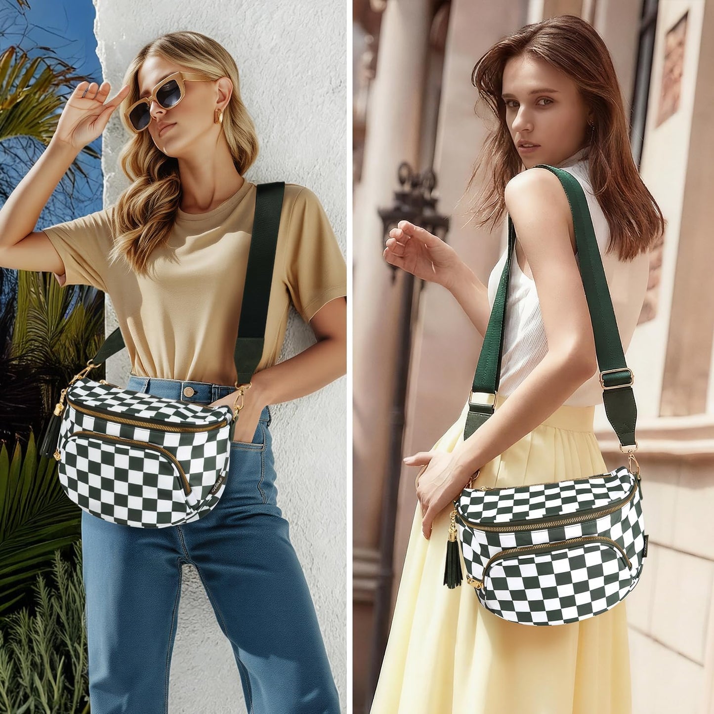 Checkered Crossbody Bag Anti Theft Spacious Bum Bags for Women Nylon Fanny Packs Lightweight Purse Wallet for Travel
