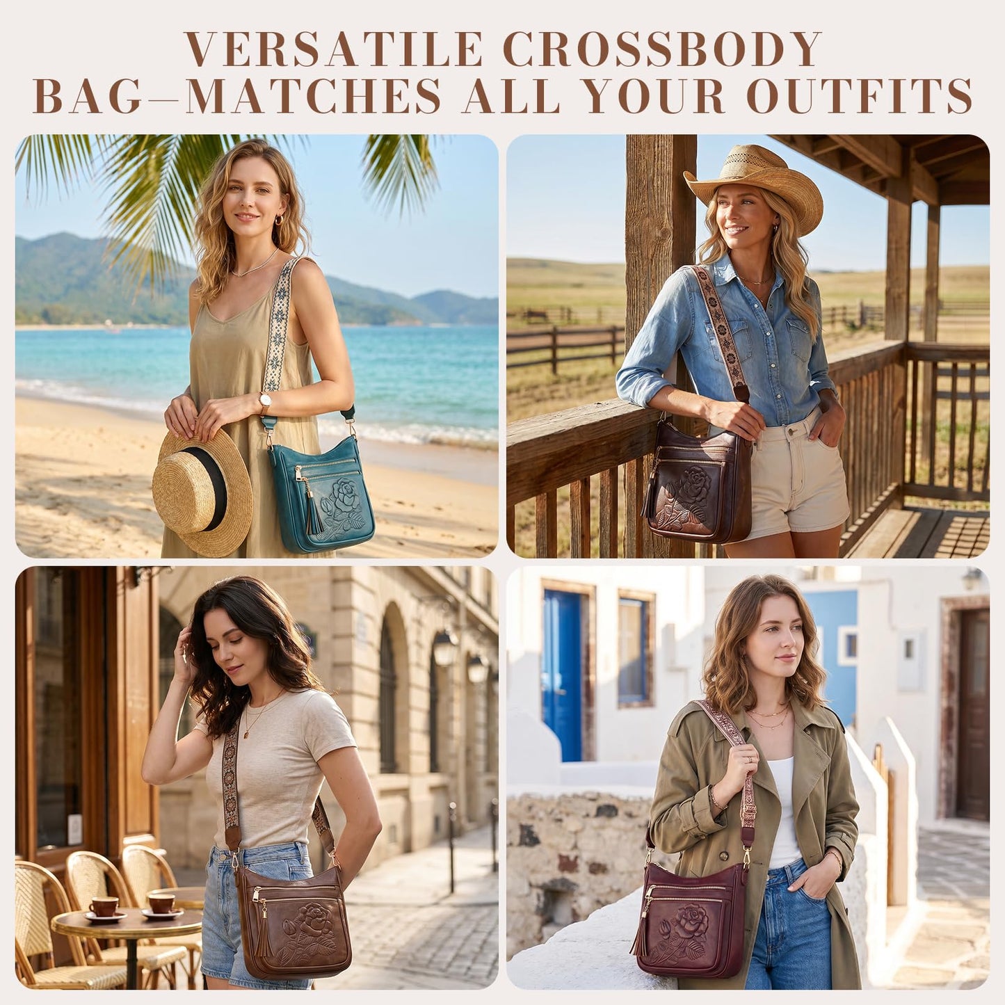 Crossbody Bags for Women, Vegan Leather Crossbody Purse, Multiple Pocket Daily Travel Shoulder Bag with Boho Strap