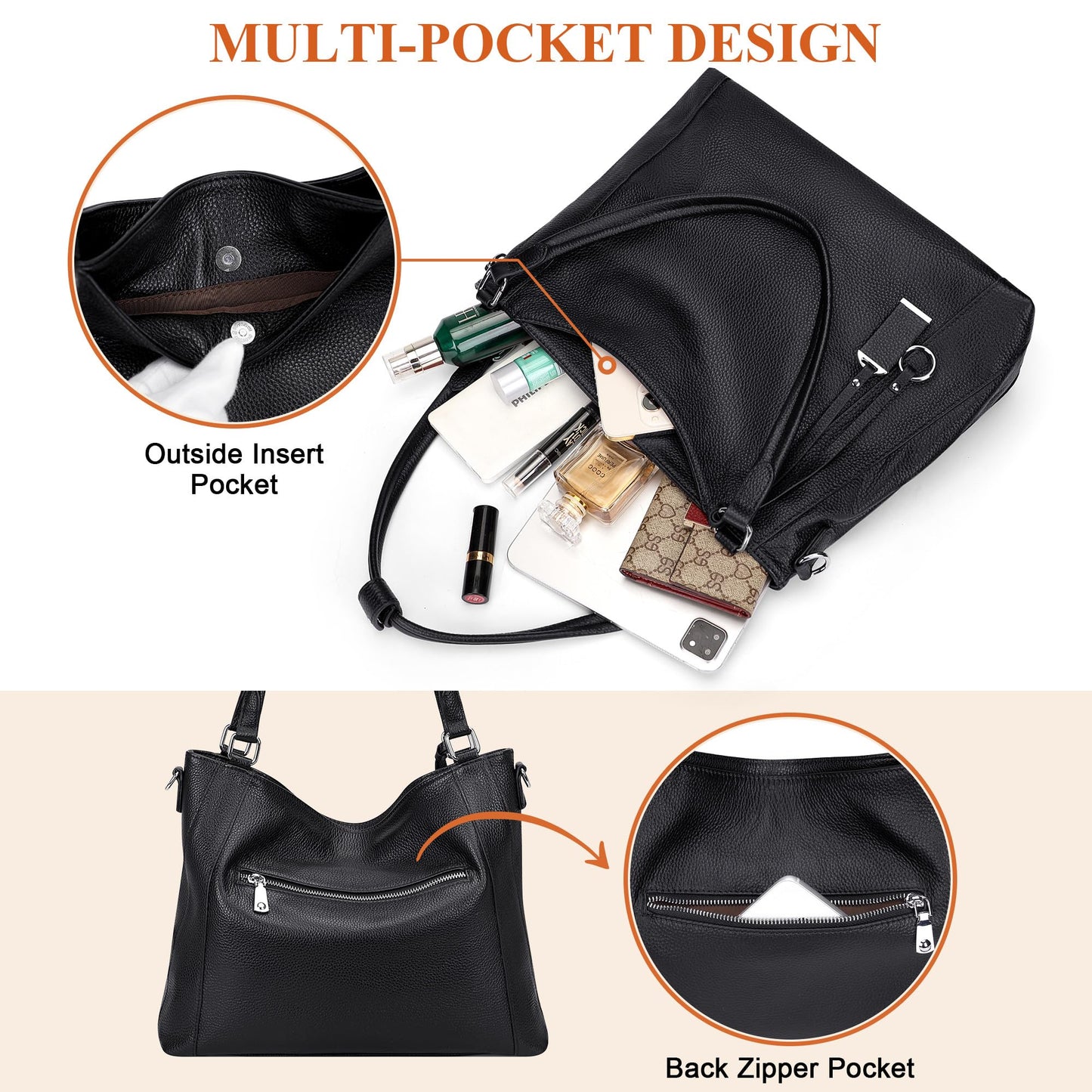 Over Earth Genuine Leather Purses for Women Large Hobo Bags Lady Shoulder Handbags with Detachable Strap