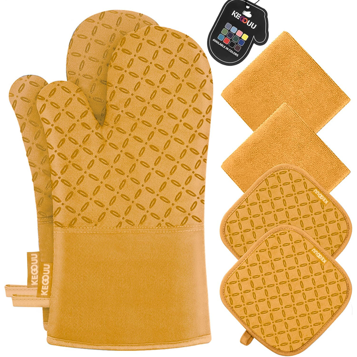 KEGOUU Oven Mitts and Pot Holders 6pcs Set, Kitchen Oven Glove High Heat Resistant 500 Degree Extra Long Oven Mitts and Potholder with Non-Slip Silicone Surface for Cooking (Gray)