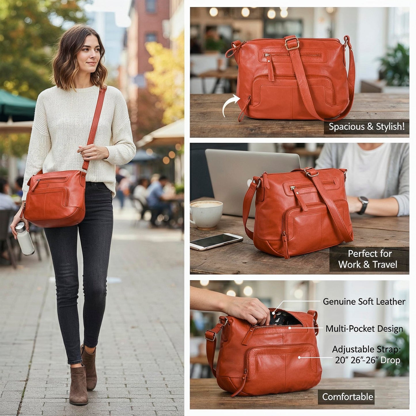 Oak Leathers Women's Crossbody Bag - Genuine Leather Crossover Shoulder Purse With Adjustable Sling Strap - Medium Size