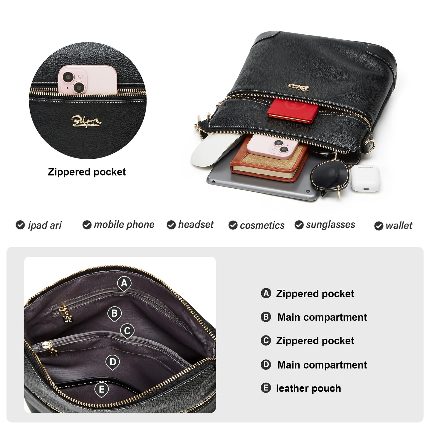 BOYATU Leather Crossbody Bag for Women: Designer Shoulder Purse for Travel - Trendy Genuine Leather Handbag for Everyday