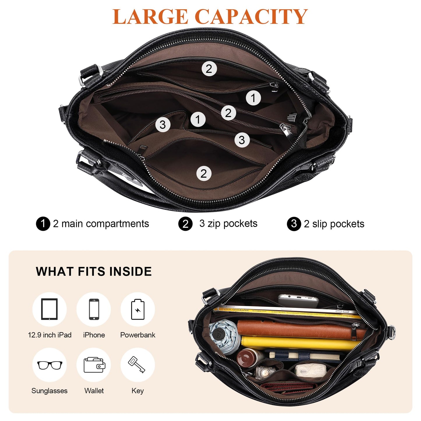 Over Earth Genuine Leather Purses for Women Large Hobo Bags Lady Shoulder Handbags with Detachable Strap