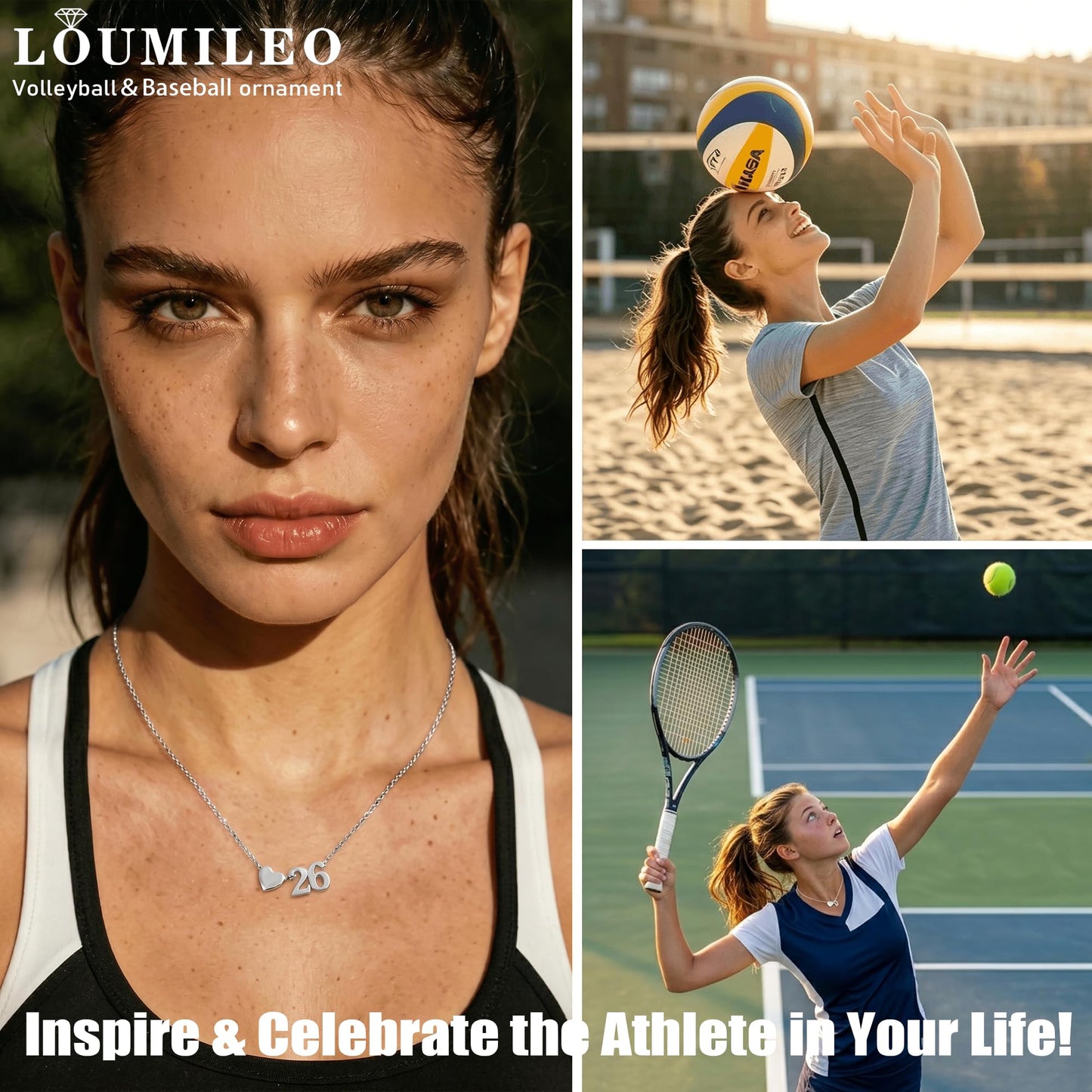 Softball/Soccer/Volleyball/Basketball/Tennis Necklace for Women S925 Sterling Silver/14k Gold Plated Heart Number Pendant Necklaces for Women Jewelry Gift for Sister Friends Daughter Mom