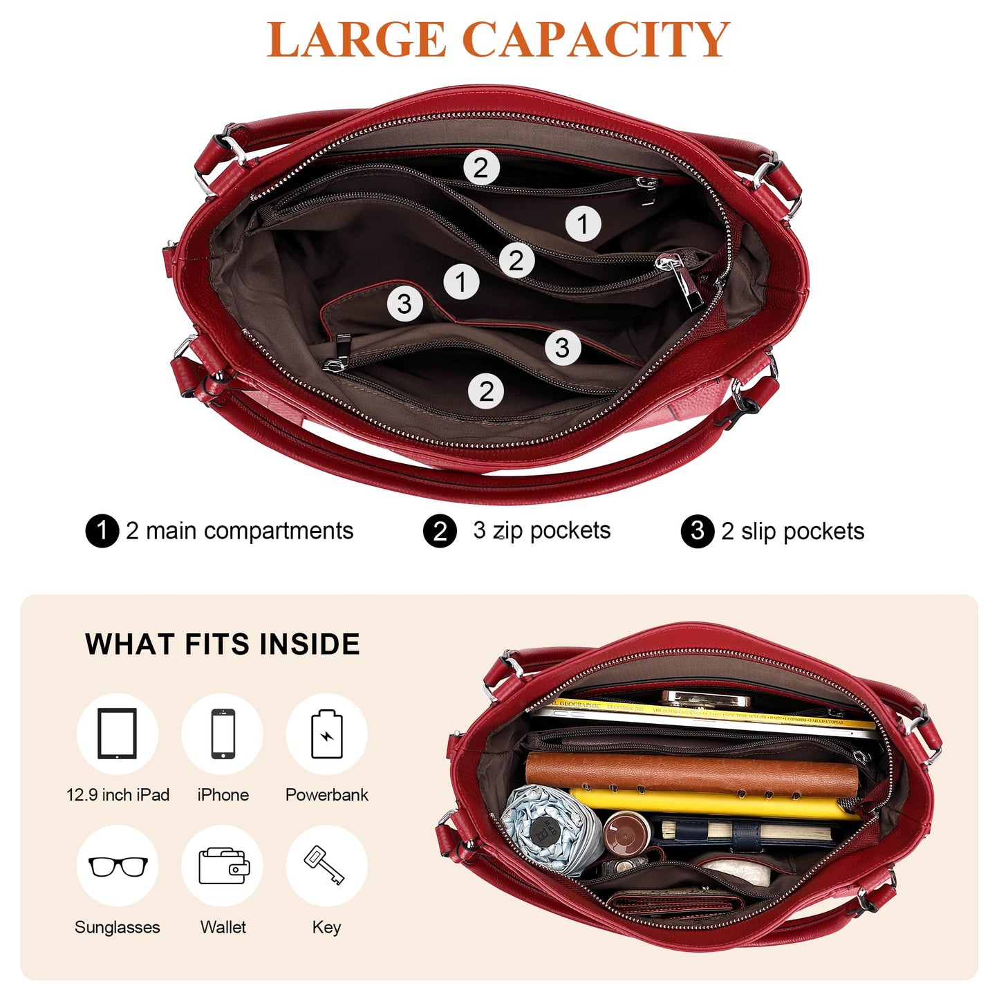Over Earth Genuine Leather Purses for Women Large Hobo Bags Lady Shoulder Handbags with Detachable Strap