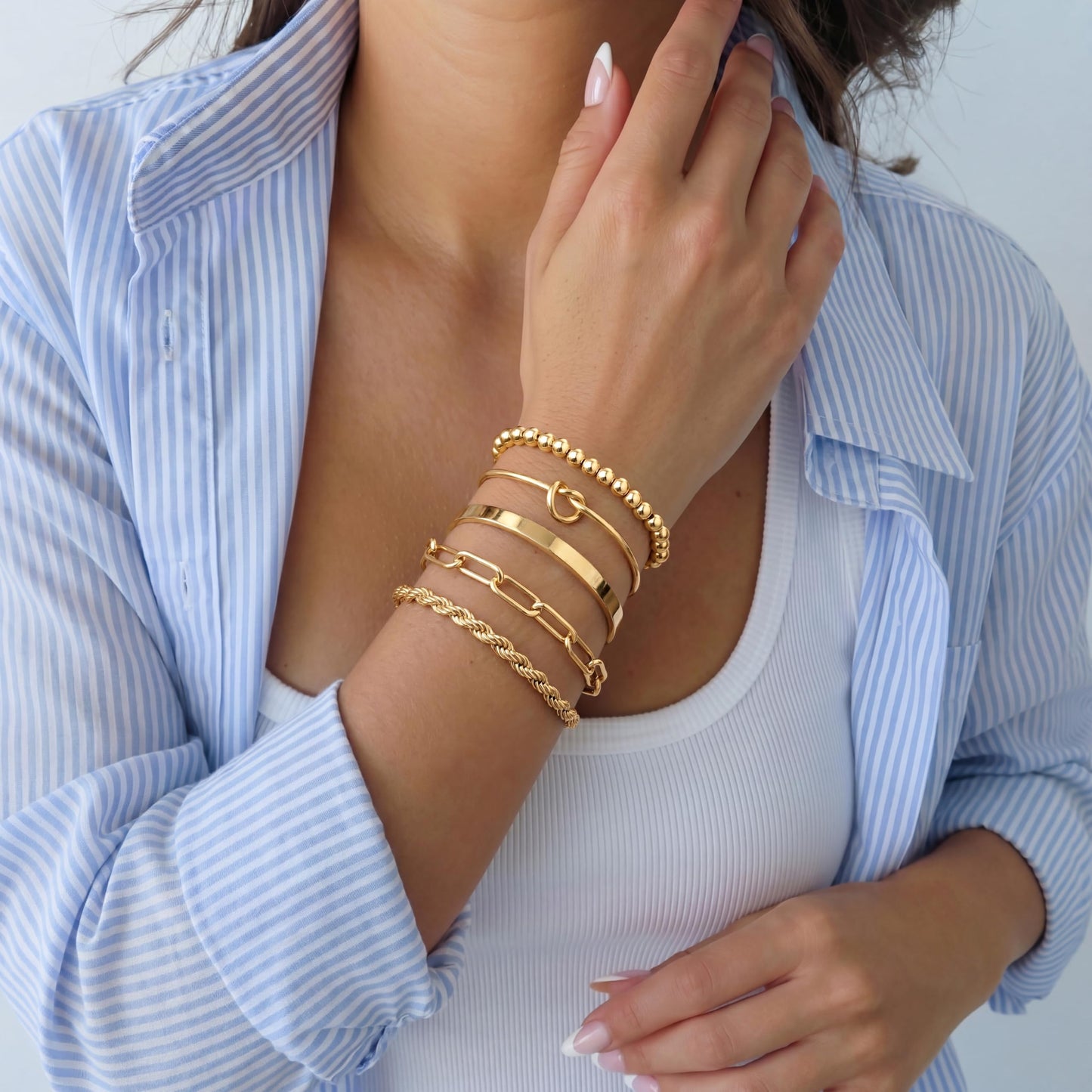 Gokeey Gold Bracelets Set for Women Non Tarnish, Waterproof 14K Gold Plated Sterling Silver Chunky Cuff Bracelet Stackable Gold Bangles Bracelet for Women Trendy Fashion Accessories Tie Knot Cuban Rope Paperclip Beaded Bracelet Stack Jewelry Mothers Day G