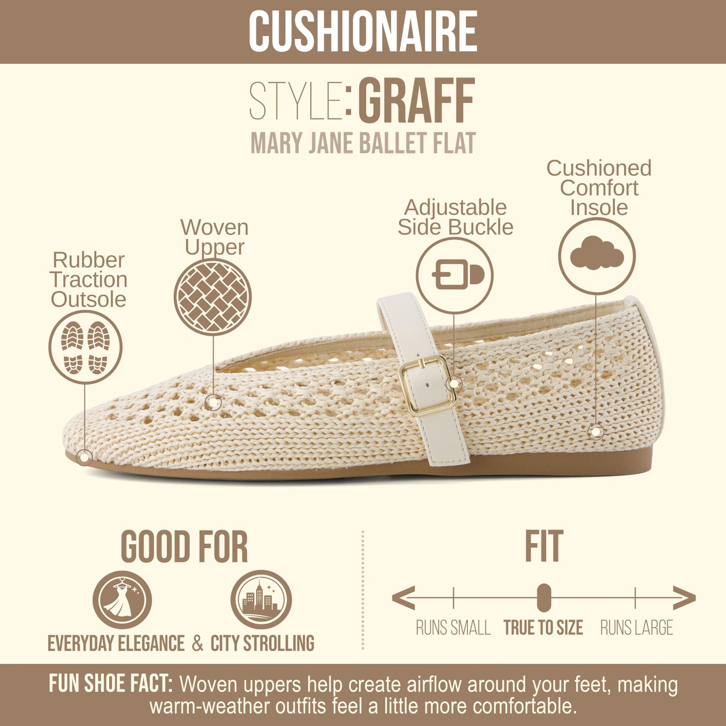 CUSHIONAIRE Graff Mary Jane Shoes for Women, Woven Ballet Flats with Adjustable Buckle Strap, Lightweight Slip On Shoes