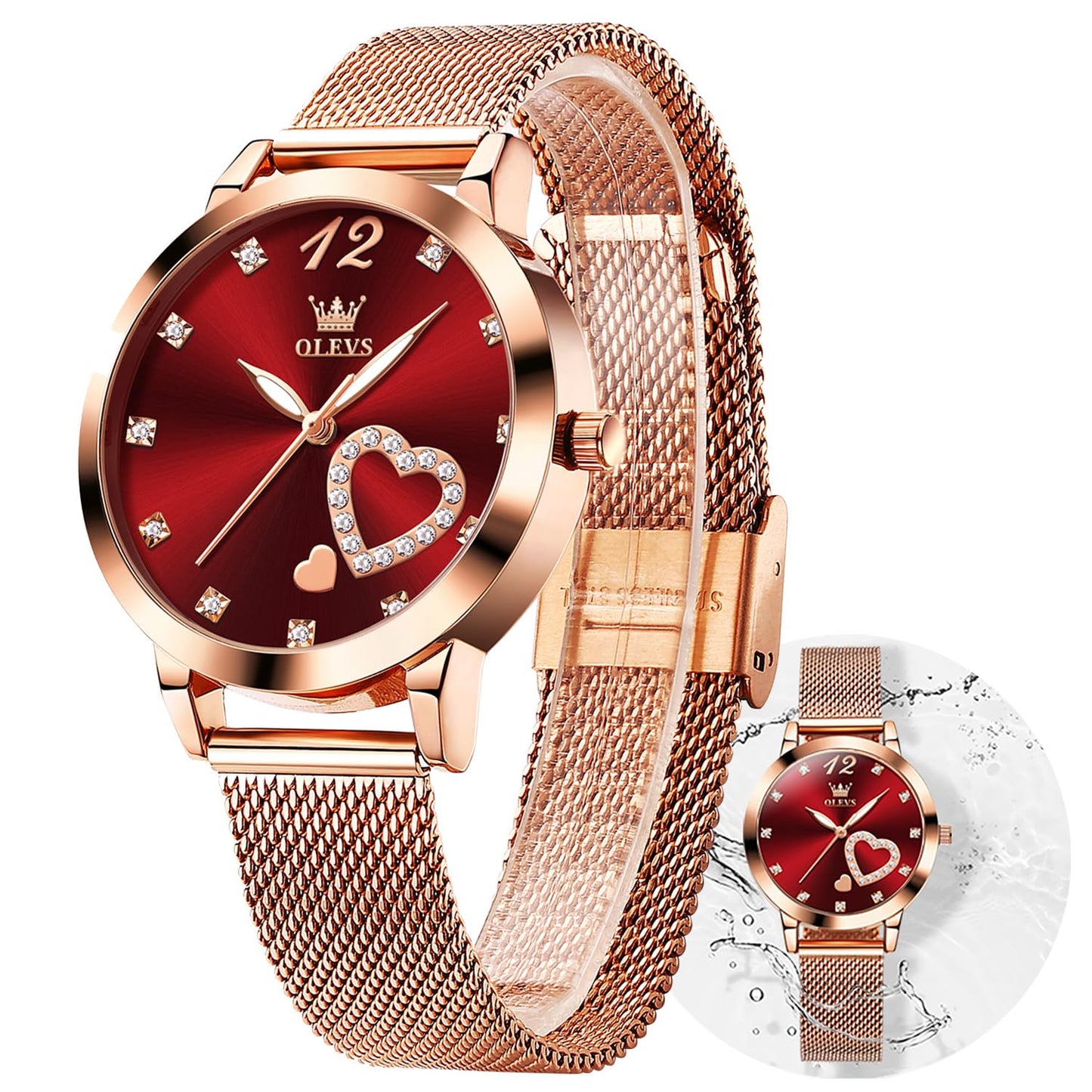 OLEVS Women's Watch Luxury Dress Rose Gold Women Slim Thin Lightweight Watch Stainless Steel Mesh Watches Fashion Waterproof Ladies Wrist Watch Black White Blue Face,Adjustable Bracelet