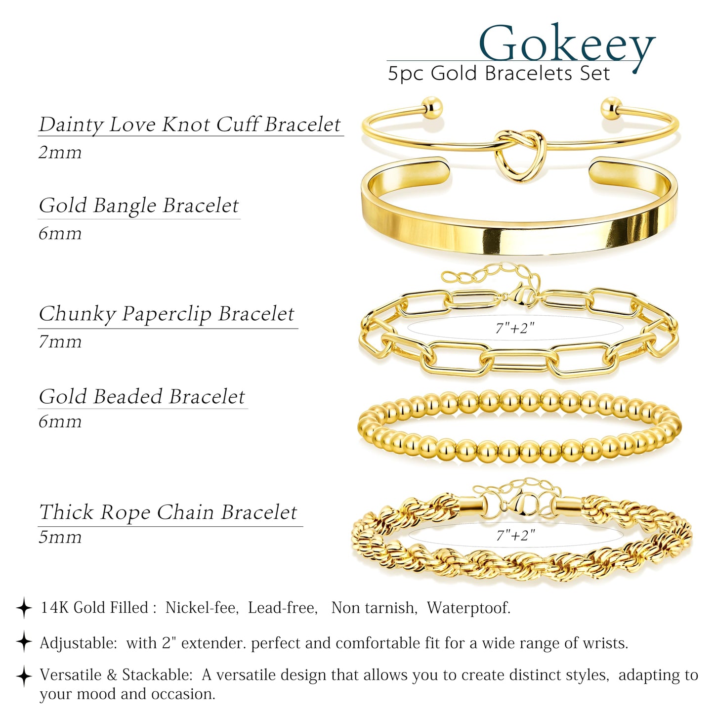 Jewelry Gold Bracelets Set for Women Non Tarnish, Waterproof 14K Gold Plated Sterling Silver Chunky Cuff Bracelet Stackable Gold Bangles Bracelet for Women Trendy Fashion Accessories Tie Knot Cuban Rope Paperclip Beaded Bracelet Stack