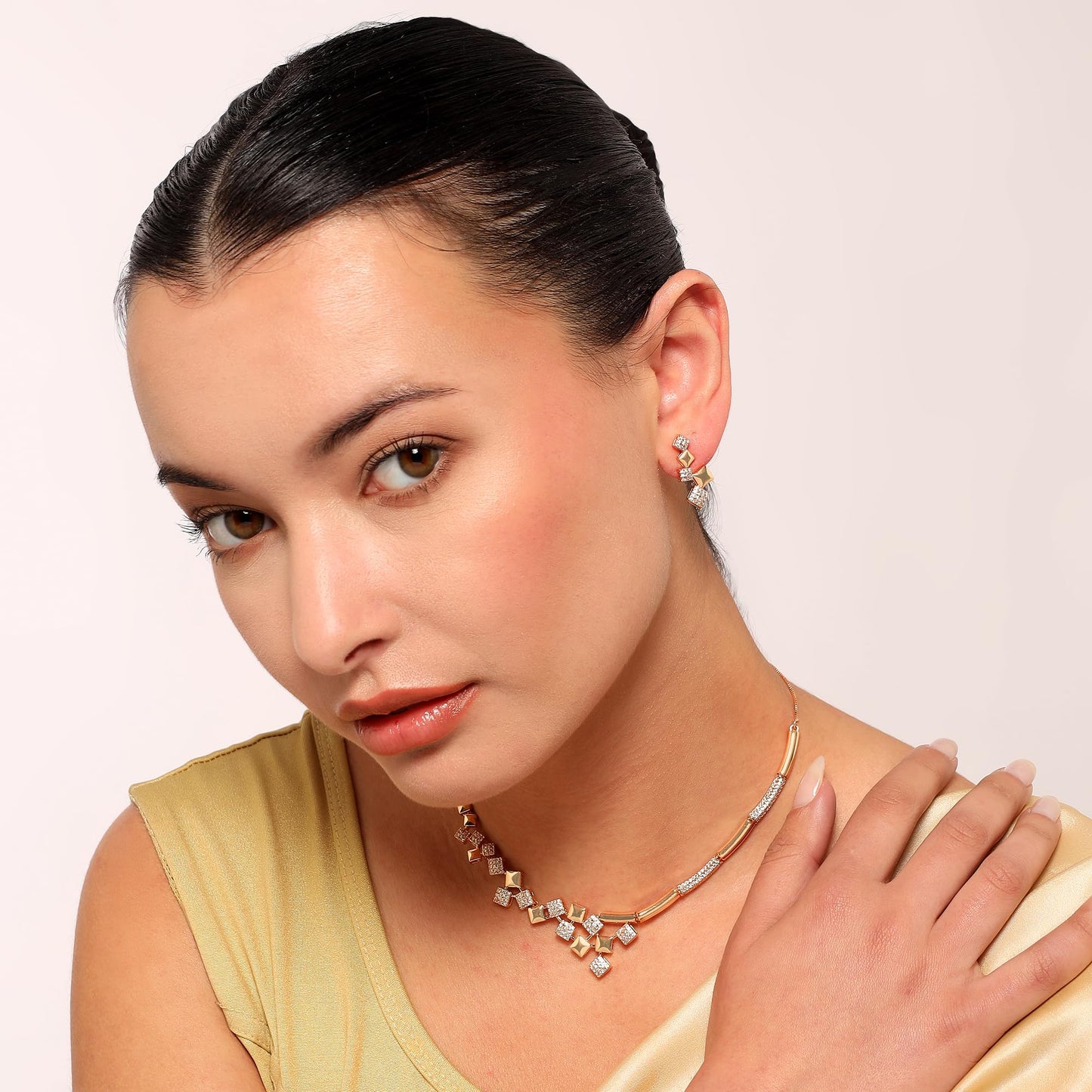 Nilu's Collection American Diamond Stone Studded | Rose Gold/Silver Plated | Anti Tarnish Jewellery Set for Women | Matching Earrings Perfect for Weddings and Special Occasions