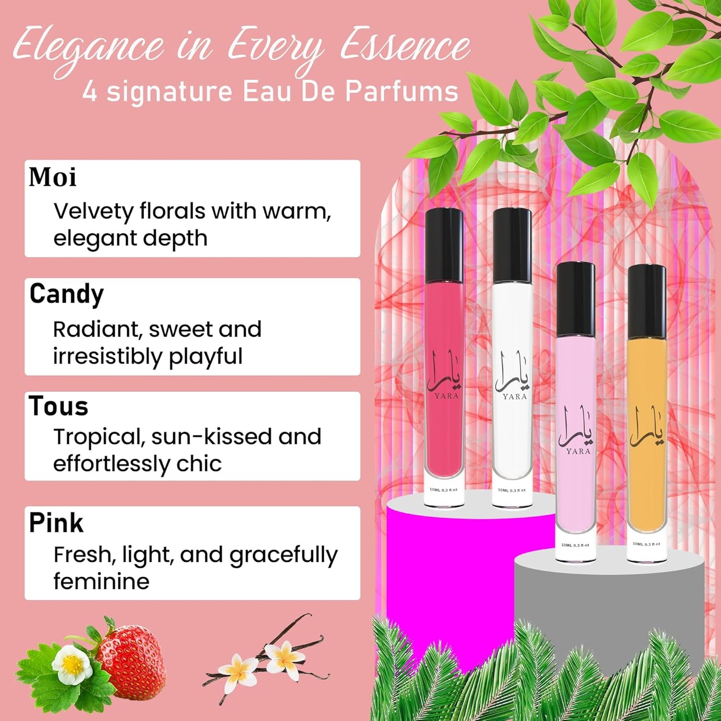 Equivalence Yara's 4 Pieces Set Eau De Parfum Spray for Women edition travel Size BUNDLE 0.34 Ounce Moi +Tous + Candy +Pink, LARGE BOTTLES NOT INCLUDED It is only a reference