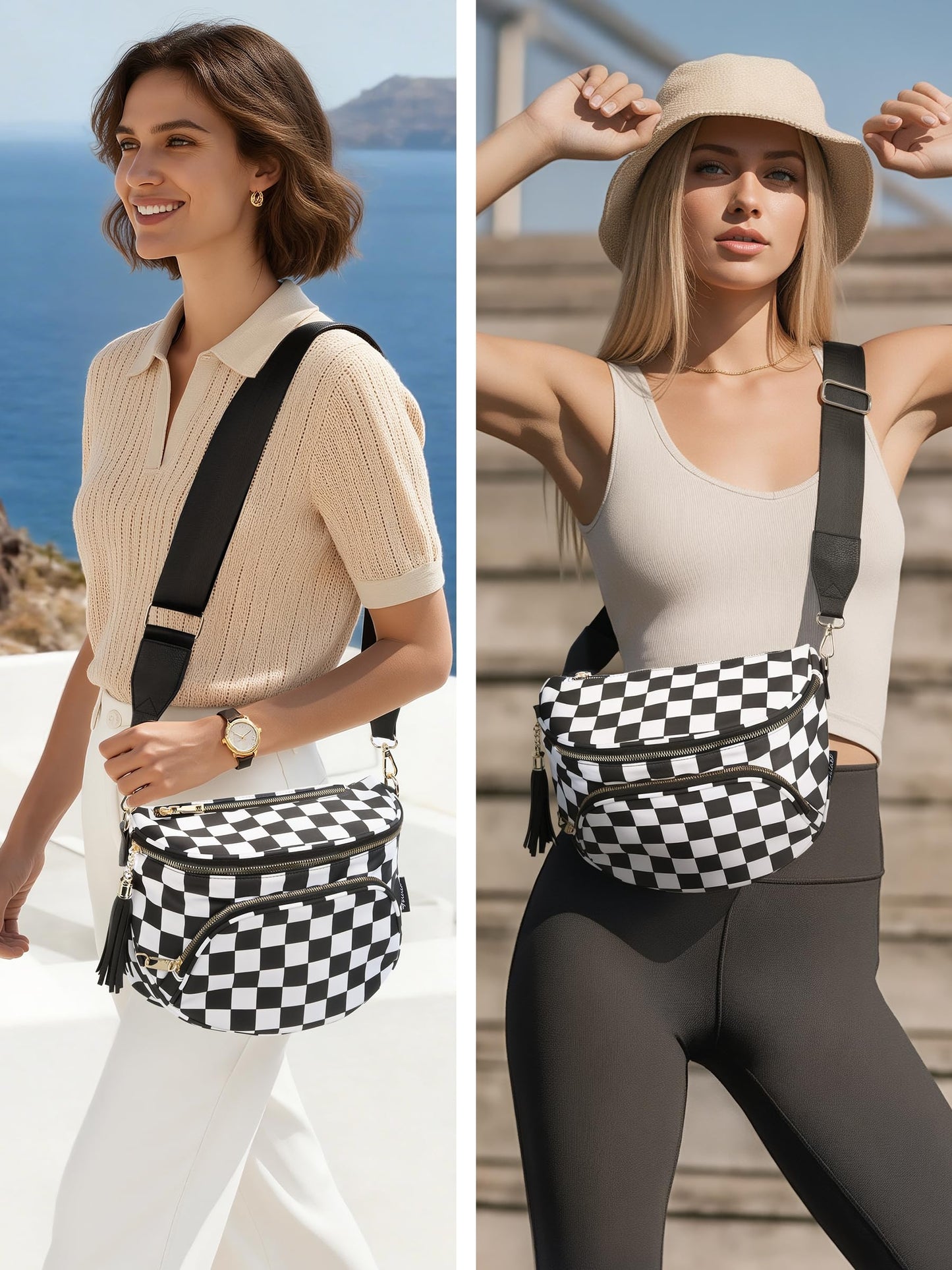 Checkered Crossbody Bag Anti Theft Spacious Bum Bags for Women Nylon Fanny Packs Lightweight Purse Wallet for Travel