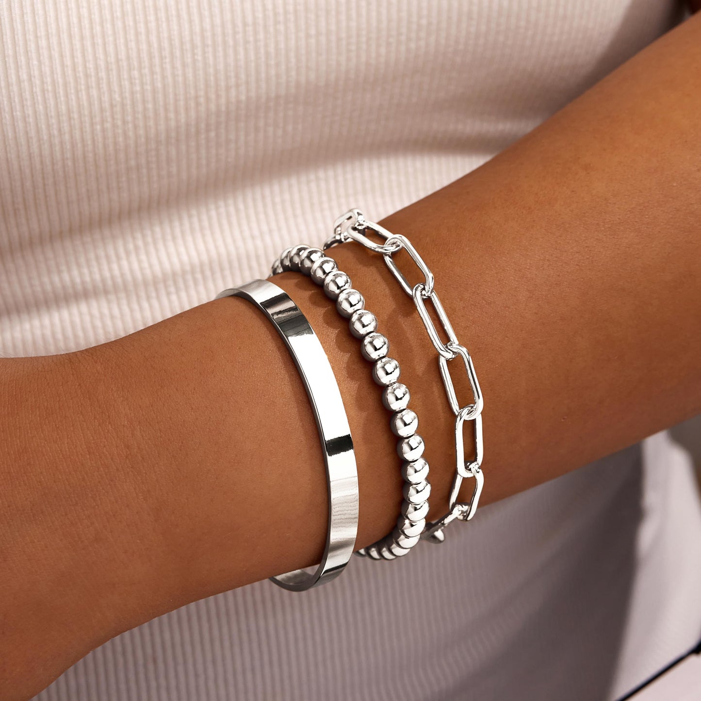 Gokeey Gold Bracelets Set for Women Non Tarnish, Waterproof 14K Gold Plated Sterling Silver Chunky Cuff Bracelet Stackable Gold Bangles Bracelet for Women Trendy Fashion Accessories Tie Knot Cuban Rope Paperclip Beaded Bracelet Stack Jewelry Mothers Day G