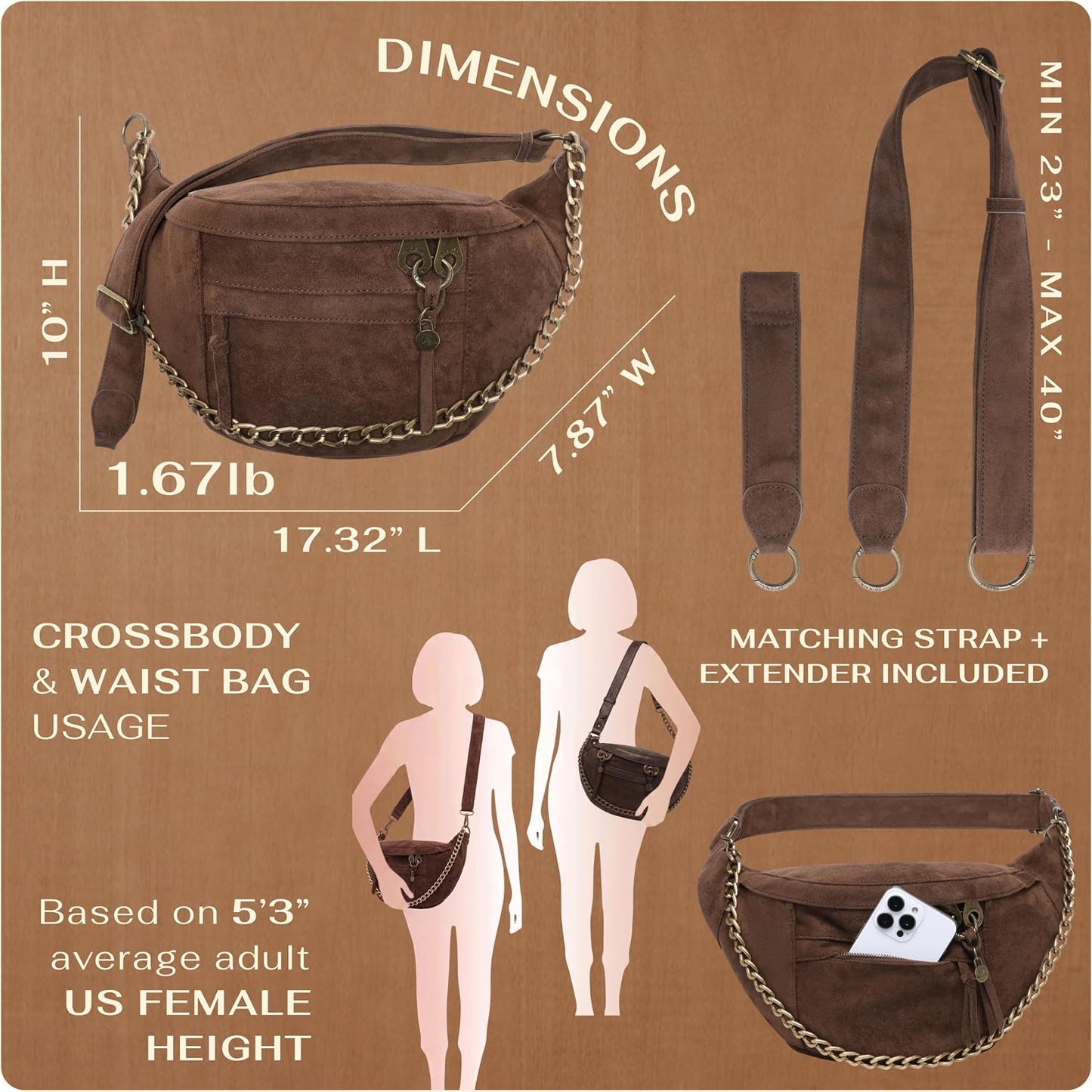 Anti Pickpocket Crossbody Large Vegan Dark Brown Suede Sling Bag RFID & Glasses Pockets, Adjustable Strap, Anti Theft Design, Multiple Compartments, Chain Detail Travel Crossbody Bag for Women