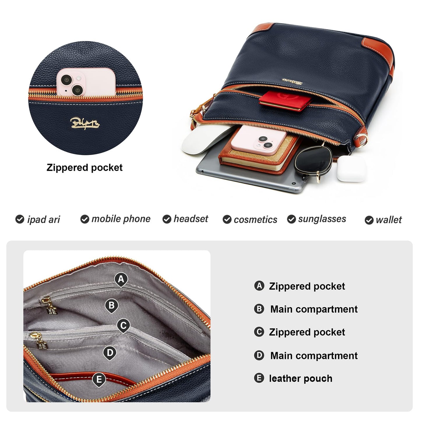 BOYATU Leather Crossbody Bag for Women: Designer Shoulder Purse for Travel - Trendy Genuine Leather Handbag for Everyday