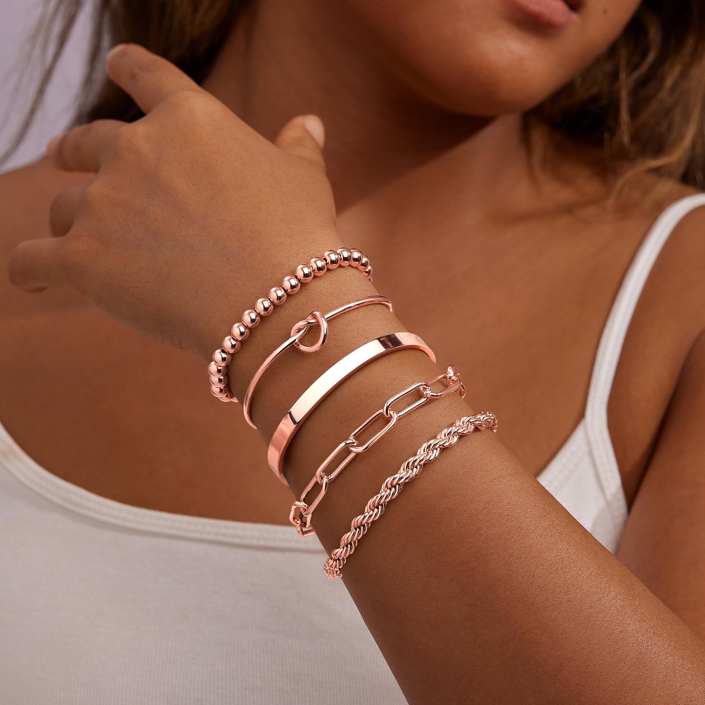 Jewelry Gold Bracelets Set for Women Non Tarnish, Waterproof 14K Gold Plated Sterling Silver Chunky Cuff Bracelet Stackable Gold Bangles Bracelet for Women Trendy Fashion Accessories Tie Knot Cuban Rope Paperclip Beaded Bracelet Stack
