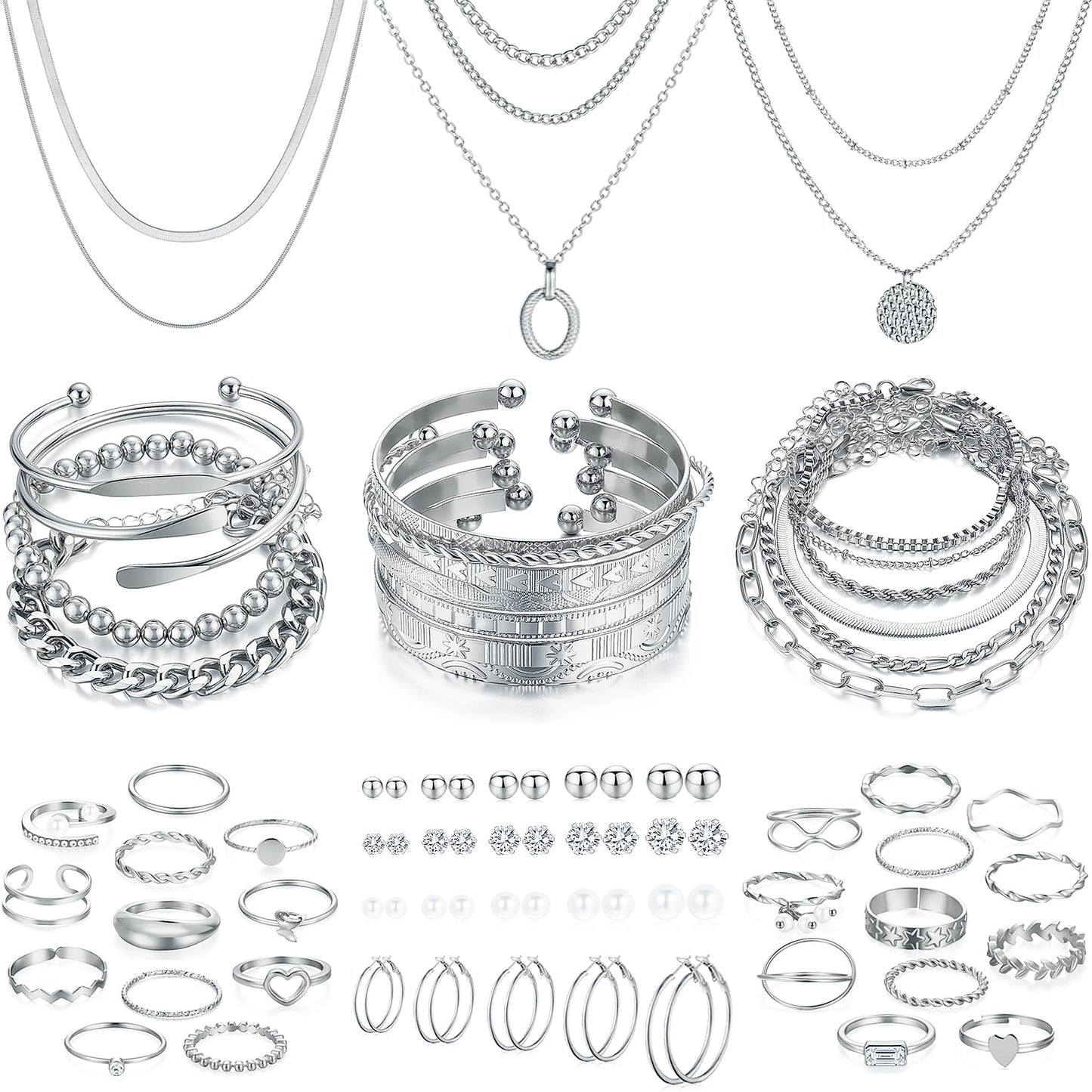 Jewelry 68 Pcs Gold Jewelry Set for Women with 7 Necklace, 17 Bracelet, 5 Hoop Earrings, 15 Stud Earrings, 24 Knuckle Rings for Women Jewelry Set for Women Gift