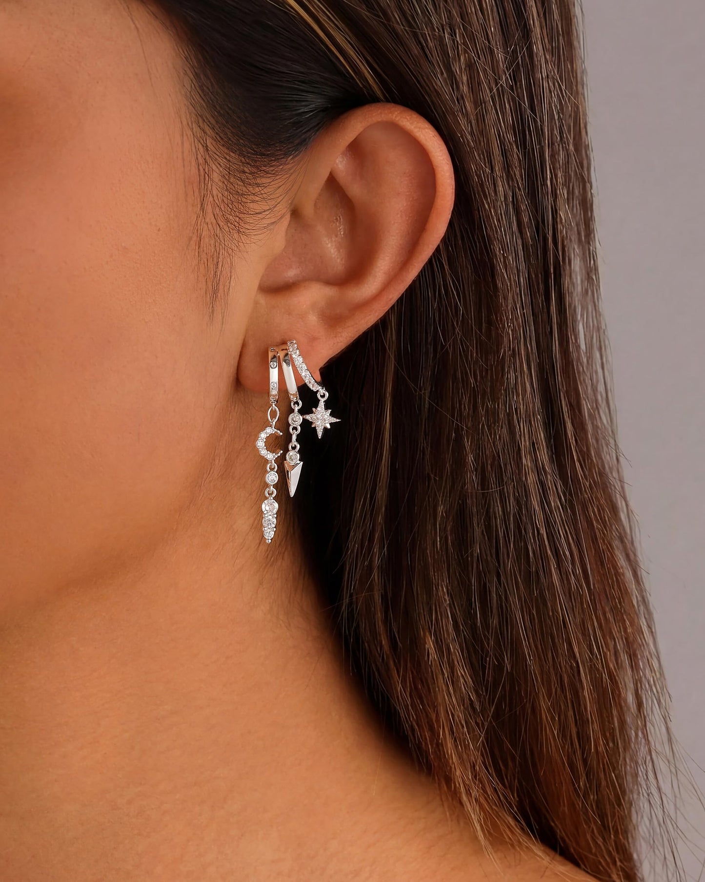 Gold Dangle Earrings for Women, 14k Gold Plated Stacked Triple Hoop Illusion Earrings Cubic Zirconia Huggie Earrings for Women Trendy