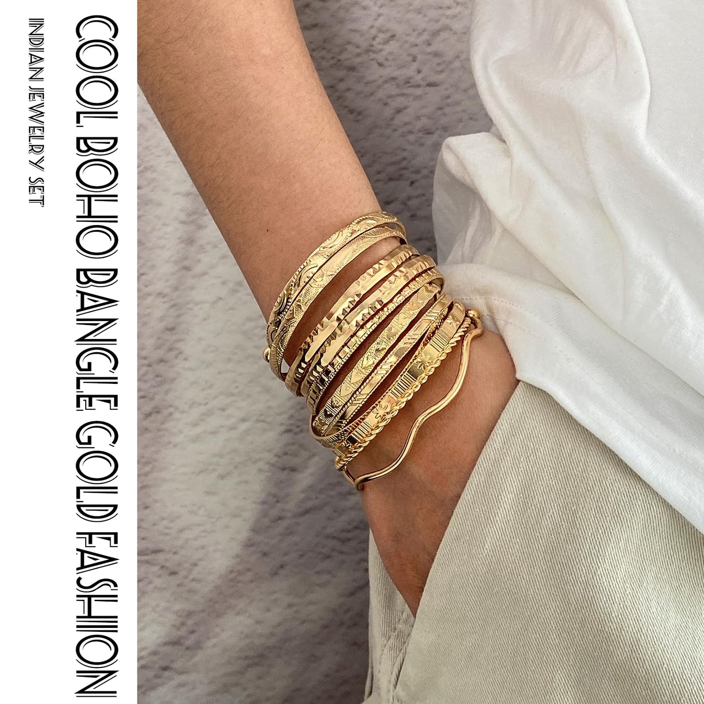 17IF Gold Bangle Bracelet For Women, 14k Multilayer Charm Textured Stackable Bracelets Boho Indian Chunky Cuff Fashion Jewelry Gift