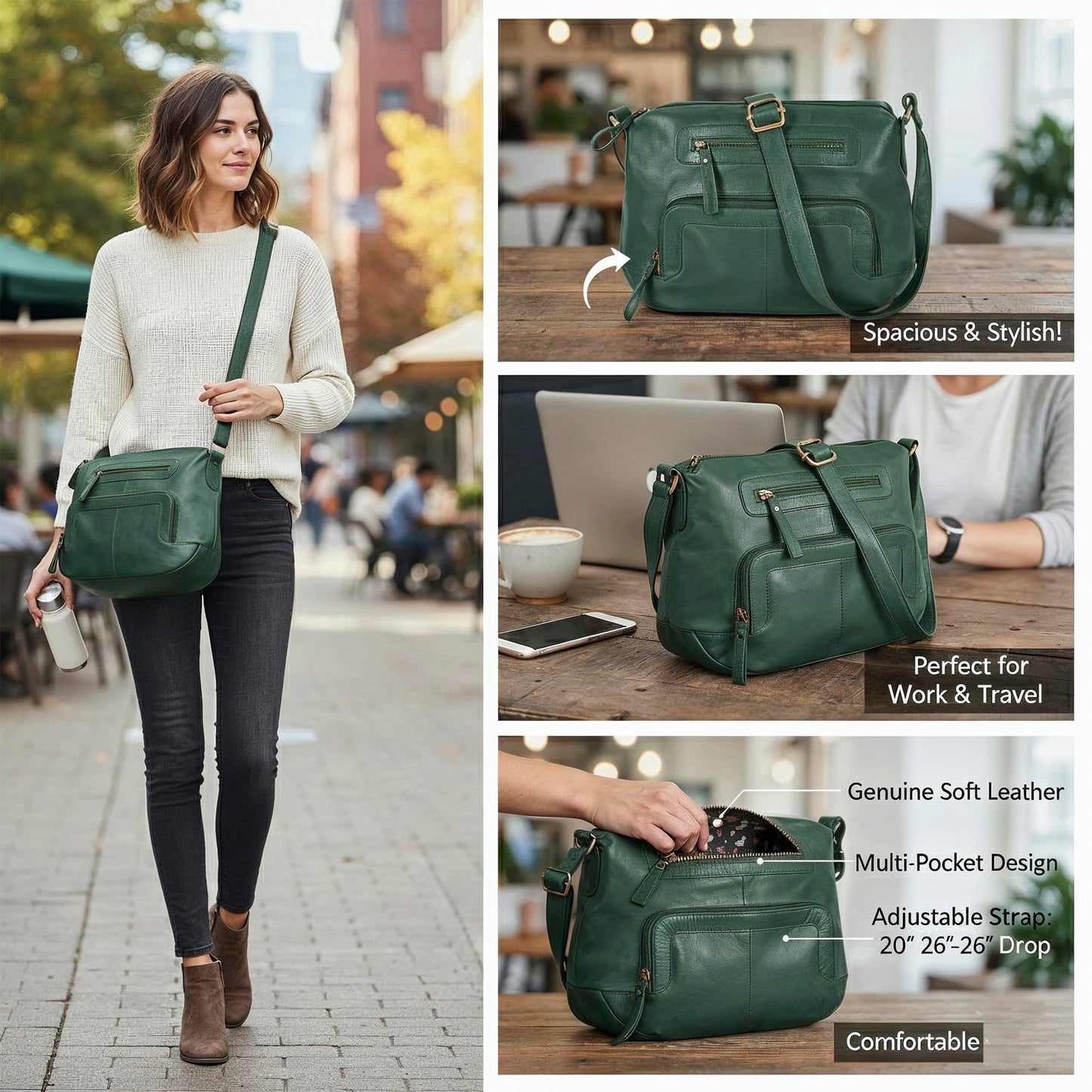 Oak Leathers Women's Crossbody Bag - Genuine Leather Crossover Shoulder Purse With Adjustable Sling Strap - Medium Size