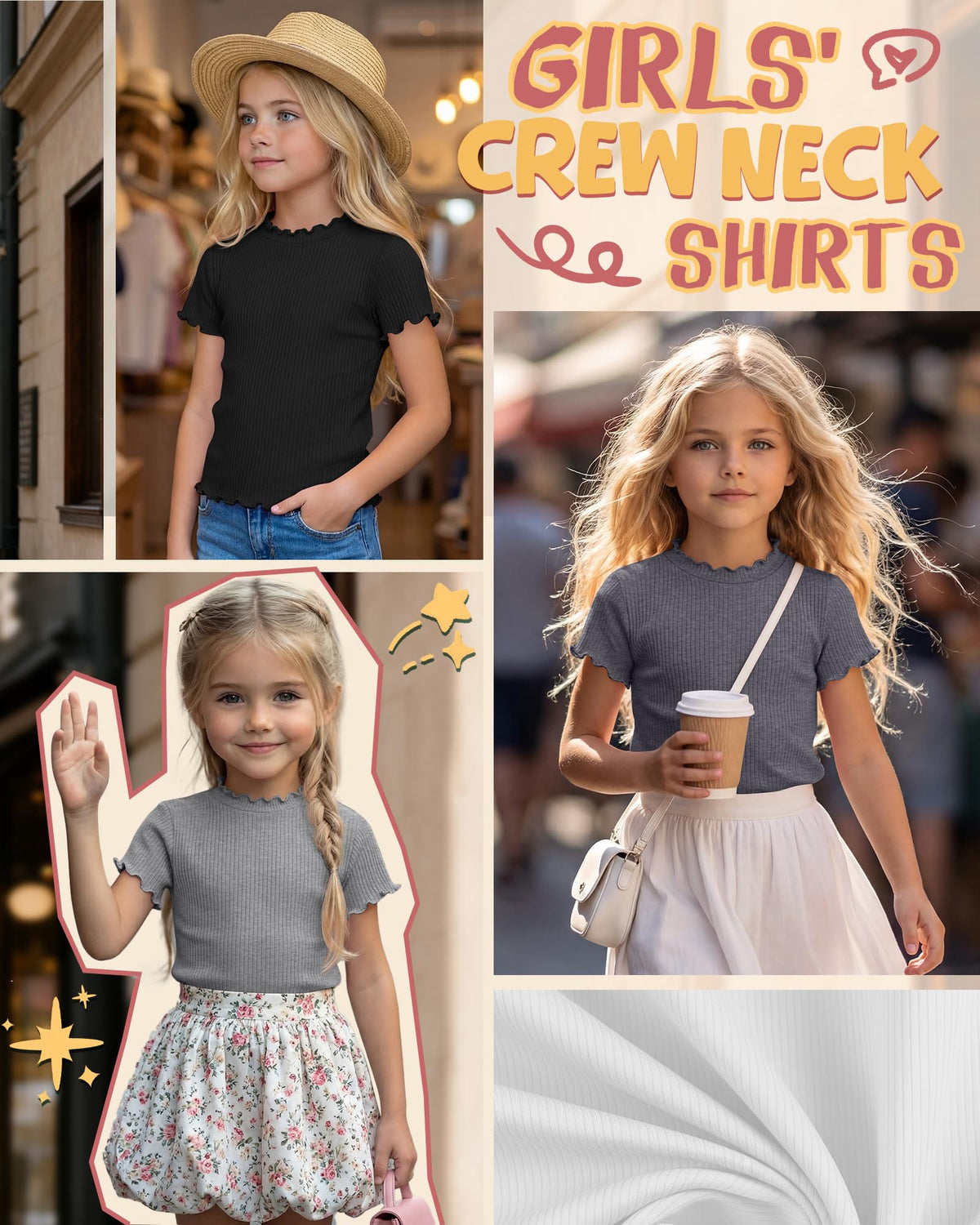 Mumucove 4 Pack Girls' Short Sleeve Shirts Ribbed Crew Neck Lettuce Trim Tops Cute Casual Basic T-Shirts 5-14Y(13-14 Years,Cream, Khaki, Brown, Black)