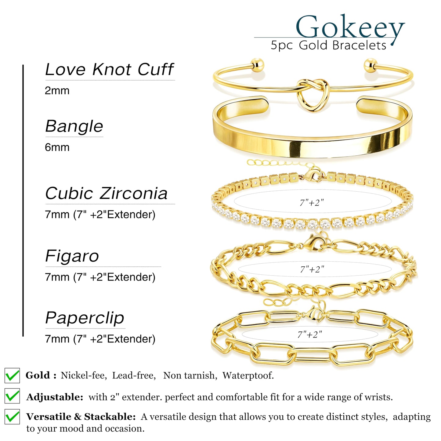 Gokeey Gold Bracelets Set for Women Non Tarnish, Waterproof 14K Gold Plated Sterling Silver Chunky Cuff Bracelet Stackable Gold Bangles Bracelet for Women Trendy Fashion Accessories Tie Knot Cuban Rope Paperclip Beaded Bracelet Stack Jewelry Mothers Day G