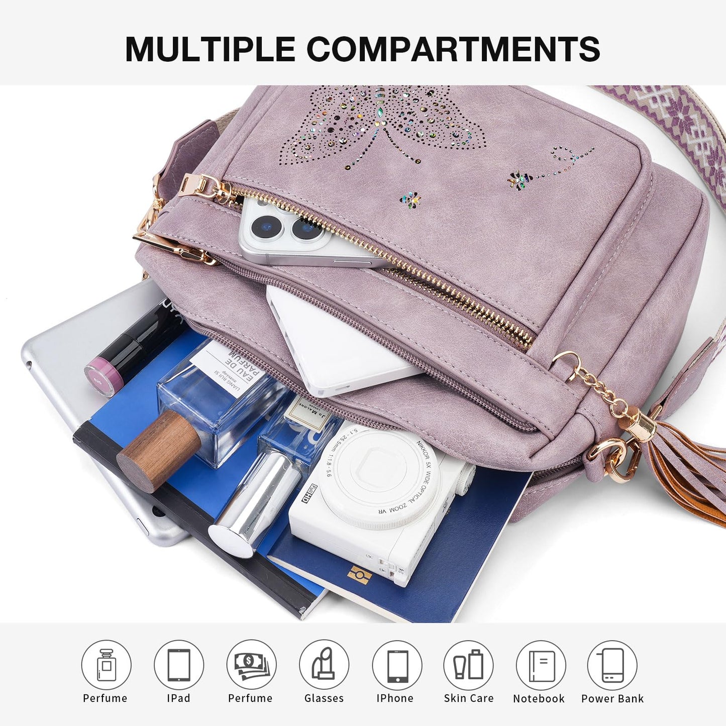 KITEVIUN Crossbody Bags for Women Trendy Leather Crossbody Purse Shoulder Handbags Butterfly Design