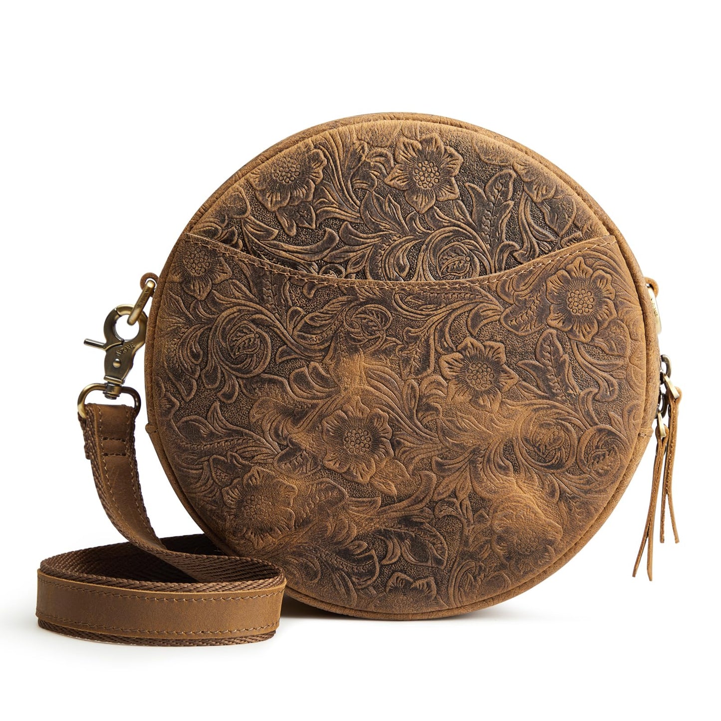 S-ZONE Leather Crossbody Bags for Women Circle Shoulder Round Purse Travel | Top Grain Leather, Keychain, Designer Handbag, Vintage, Multi Pockets, Detachable Strap, Eveyday Outing