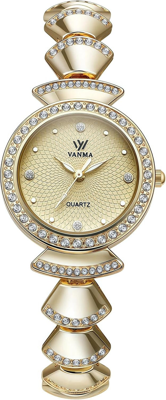 1080P Gold Watch for Women Small Round Face - Adjustable Rhinestone Chain Bracelet Watch Waterproof Ladies Quartz Wristwatch