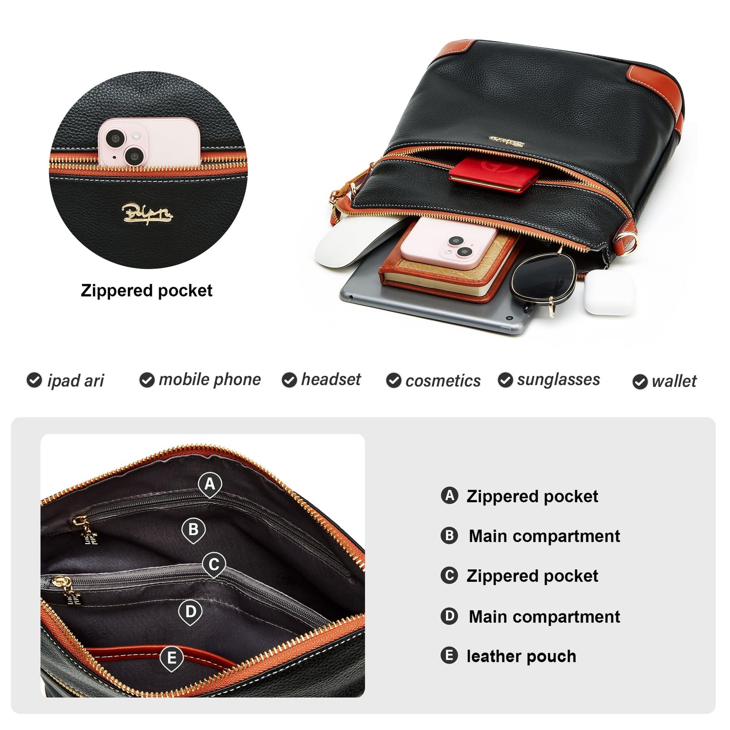 BOYATU Leather Crossbody Bag for Women: Designer Shoulder Purse for Travel - Trendy Genuine Leather Handbag for Everyday
