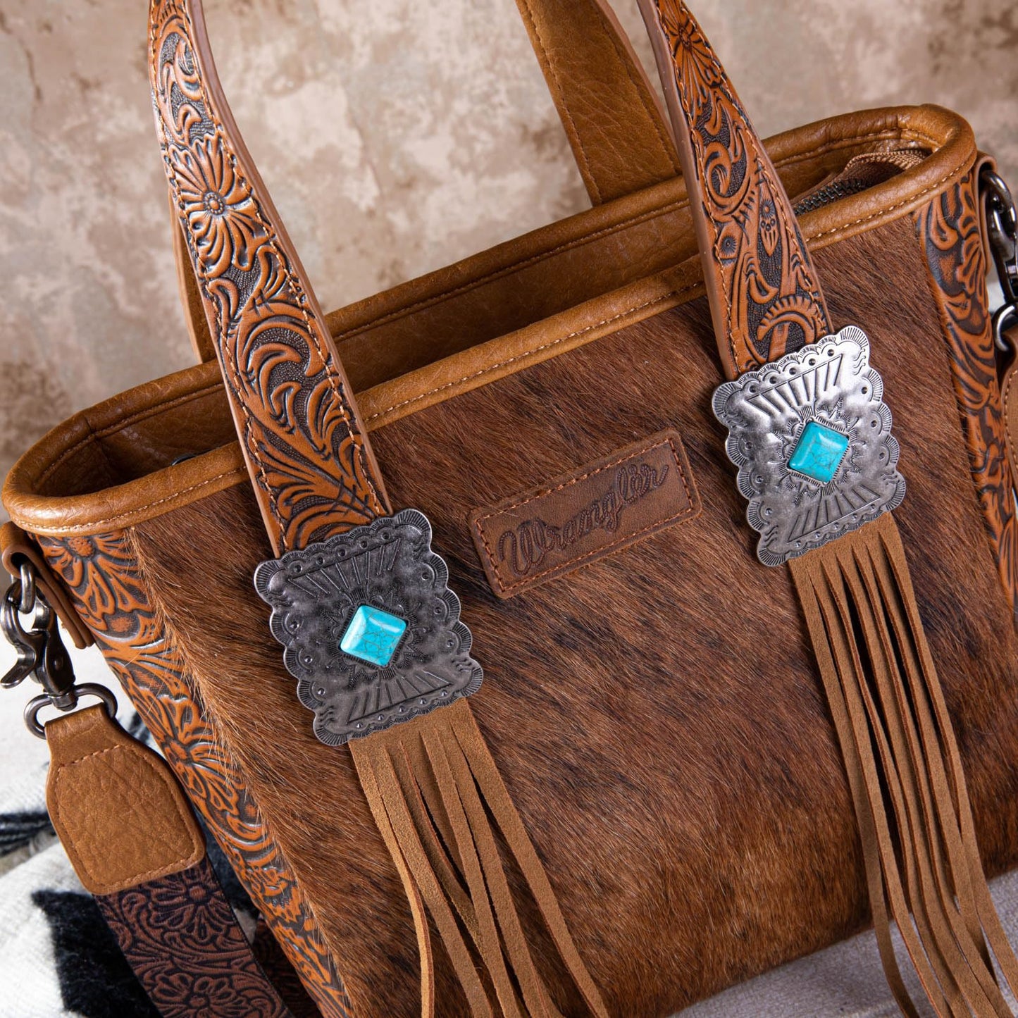 Montana West Wrangler Cowhide Tote Bag for Women Western Tooling Handbag Leather Fringing with Turquoise Stone Concho