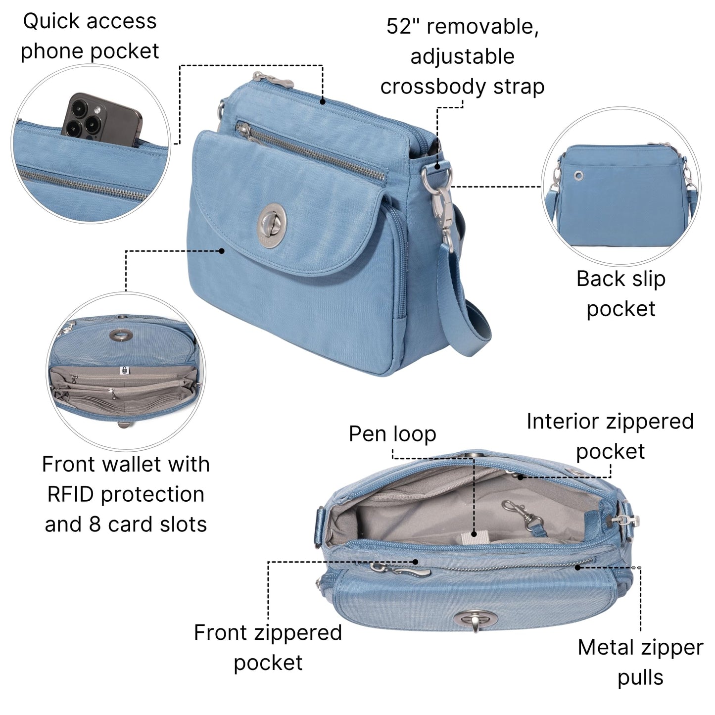 Baggallini Calais Crossbody Bags for Women 10x7 Lightweight Water-Resistant Travel Purse, RFID & Interior Organization