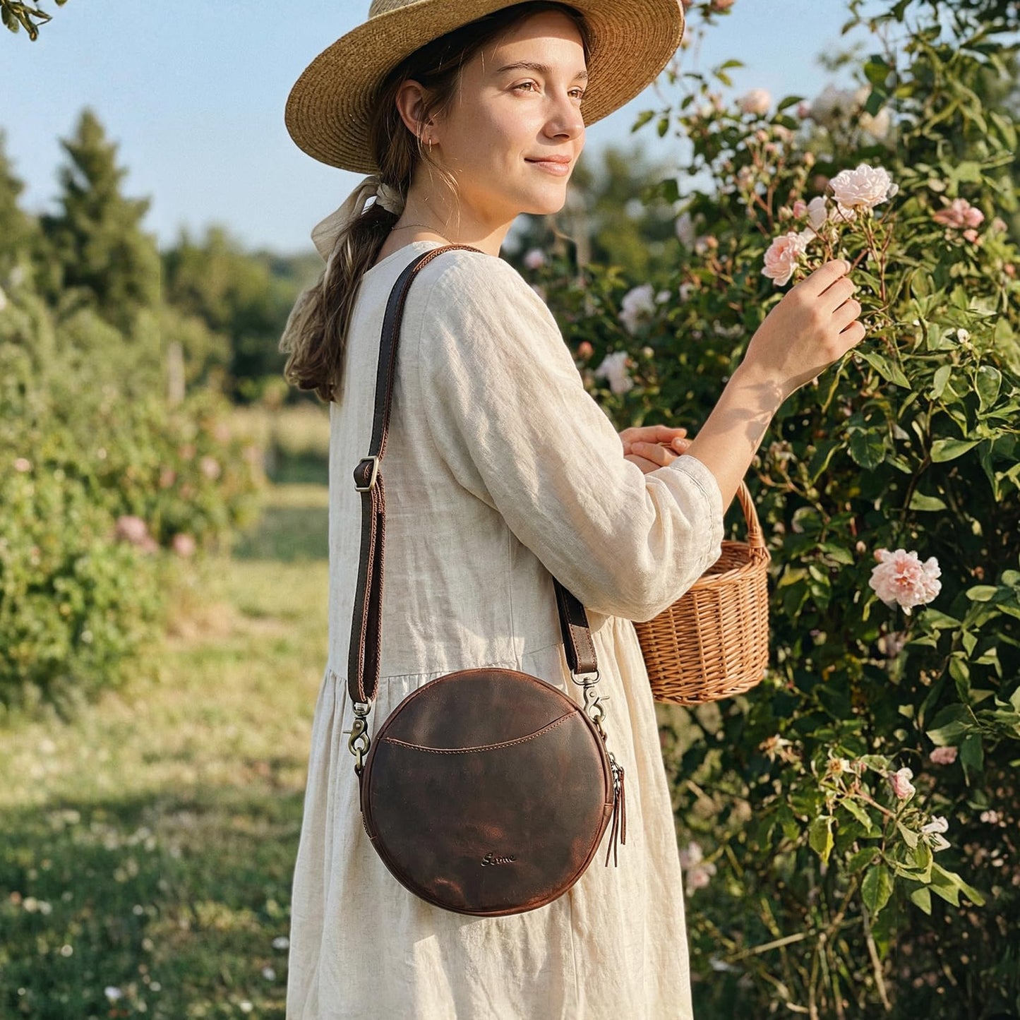 S-ZONE Leather Crossbody Bags for Women Circle Shoulder Round Purse Travel | Top Grain Leather, Keychain, Designer Handbag, Vintage, Multi Pockets, Detachable Strap, Eveyday Outing