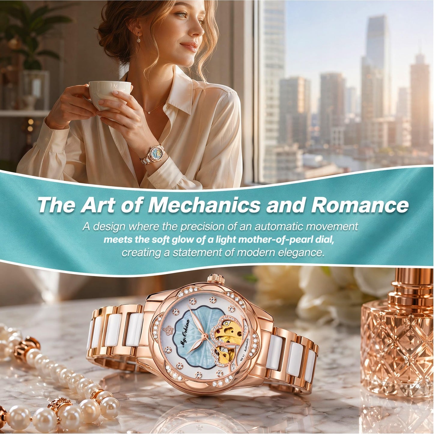 Vetra Women Watches Automatic Luxury Diamond Dress Ladies Watch Fashion Waterproof Ceramic Strap Rose Gold Self Winding Female Wrist Watch