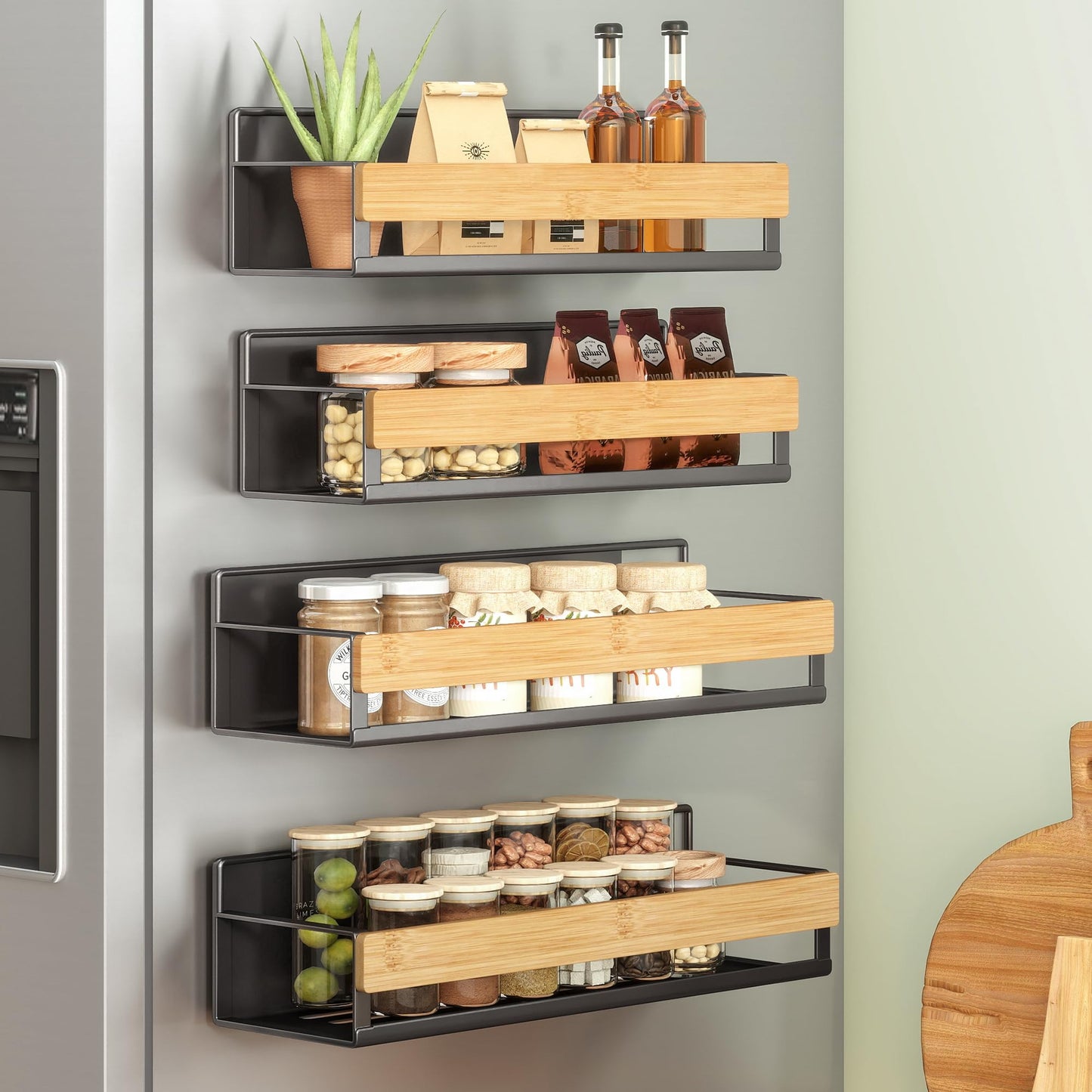 SONGMICS Strong Magnetic 4 Pack Bamboo Spice Rack for Refrigerator, Kitchen Magnetic Shelves for Washing Machine, Spice Organizers, No Drilling Needed