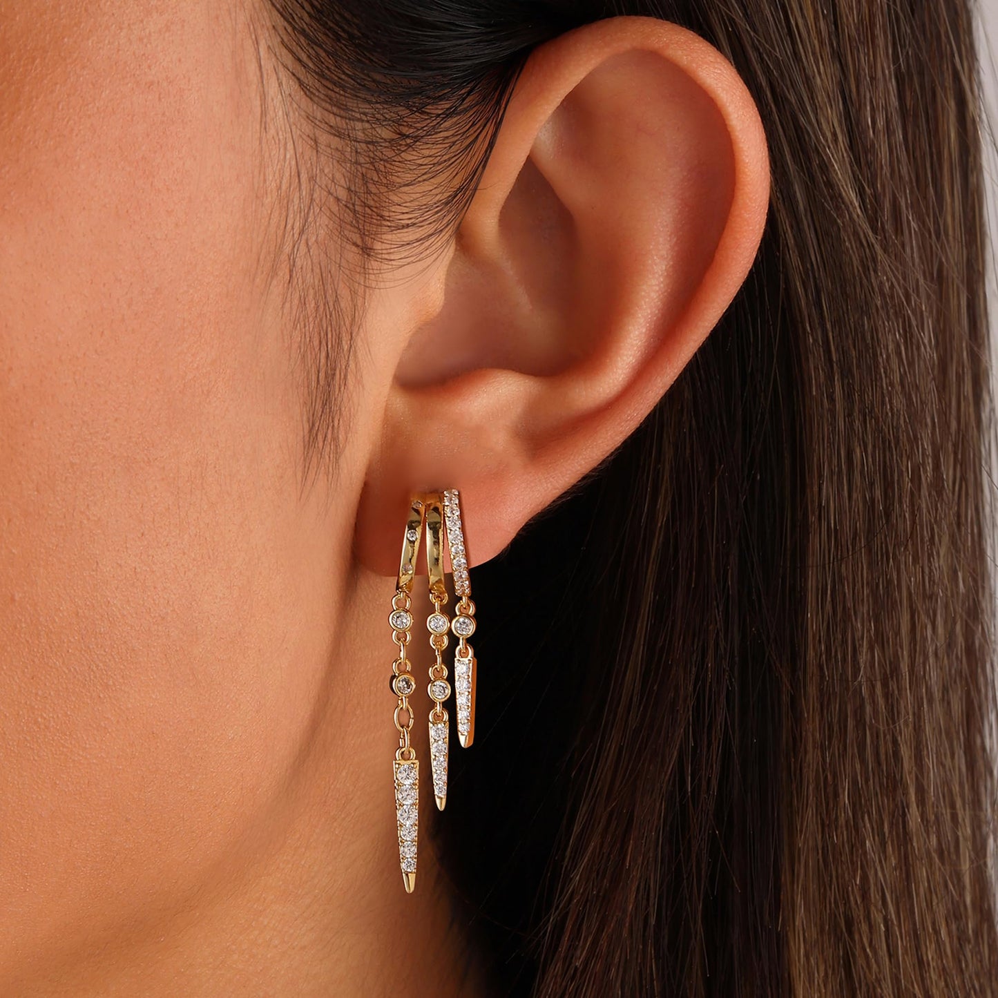 Gold Dangle Earrings for Women, 14k Gold Plated Stacked Triple Hoop Illusion Earrings Cubic Zirconia Huggie Earrings for Women Trendy
