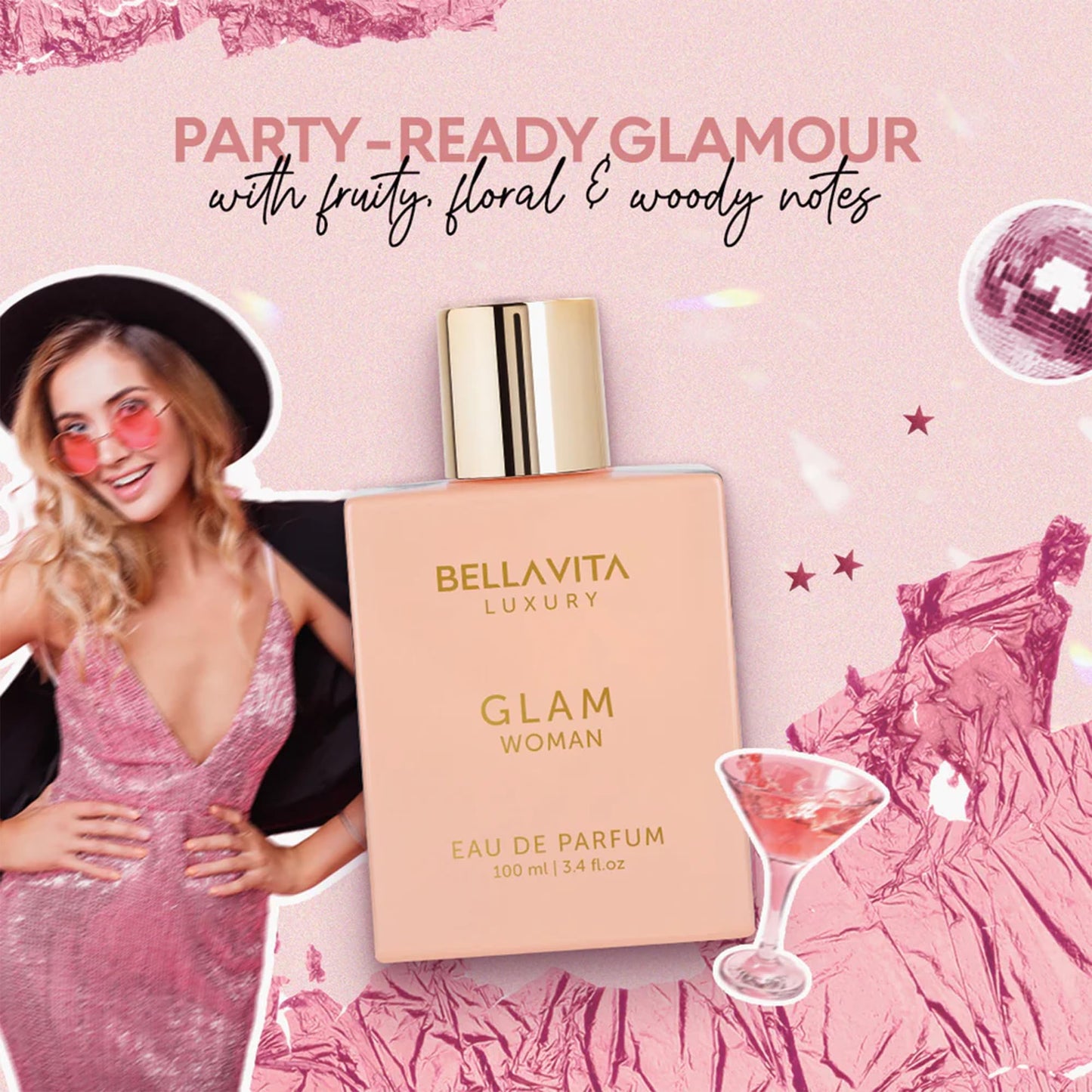 Bellavita Luxury Glam Eau de Parfum | 100 ml (3.4 fl.oz.) | Perfume for Women | White Floral, African Orange, Jasmine, and Patchouli Notes | Long Lasting Fragrance | Mother's Day present | for women