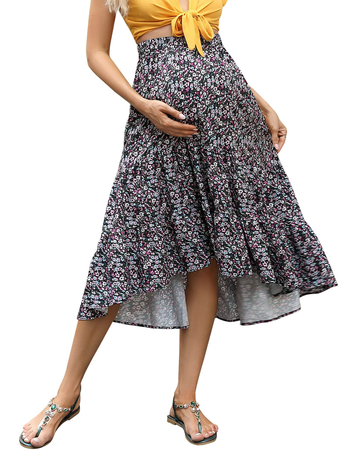FUNJULY Maternity Dress Women's High Waist Floral Print Pleated Maxi Skirt Casual Flowy Swing A Line Long Skirts BlackPurple L