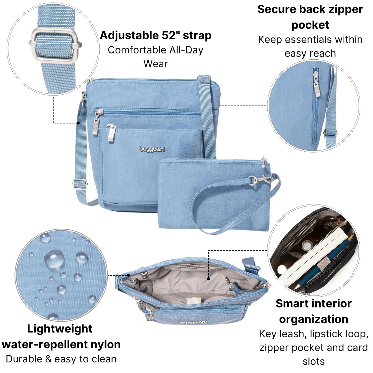 Baggallini Pocket Crossbody Bags for Women 8x8 Small Lightweight Durable Water-resistant Travel Purse W/Rfid