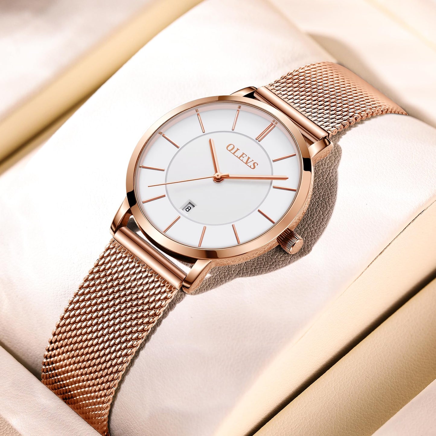 OLEVS Women's Mesh Bracelet Watch, Elegant Large Face Three Hand Analog Quartz Womens Wristwatch, Pretty Slim Date Display Waterproof Ladies Watches for Small Wrists
